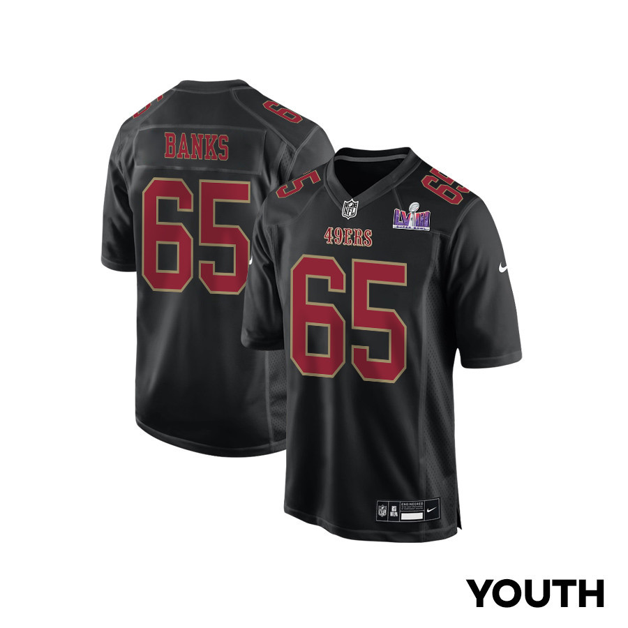 Aaron Banks 65 San Francisco 49ers Super Bowl LVIII Patch Fashion Game YOUTH Jersey - Carbon Black JS5803 Saliibo