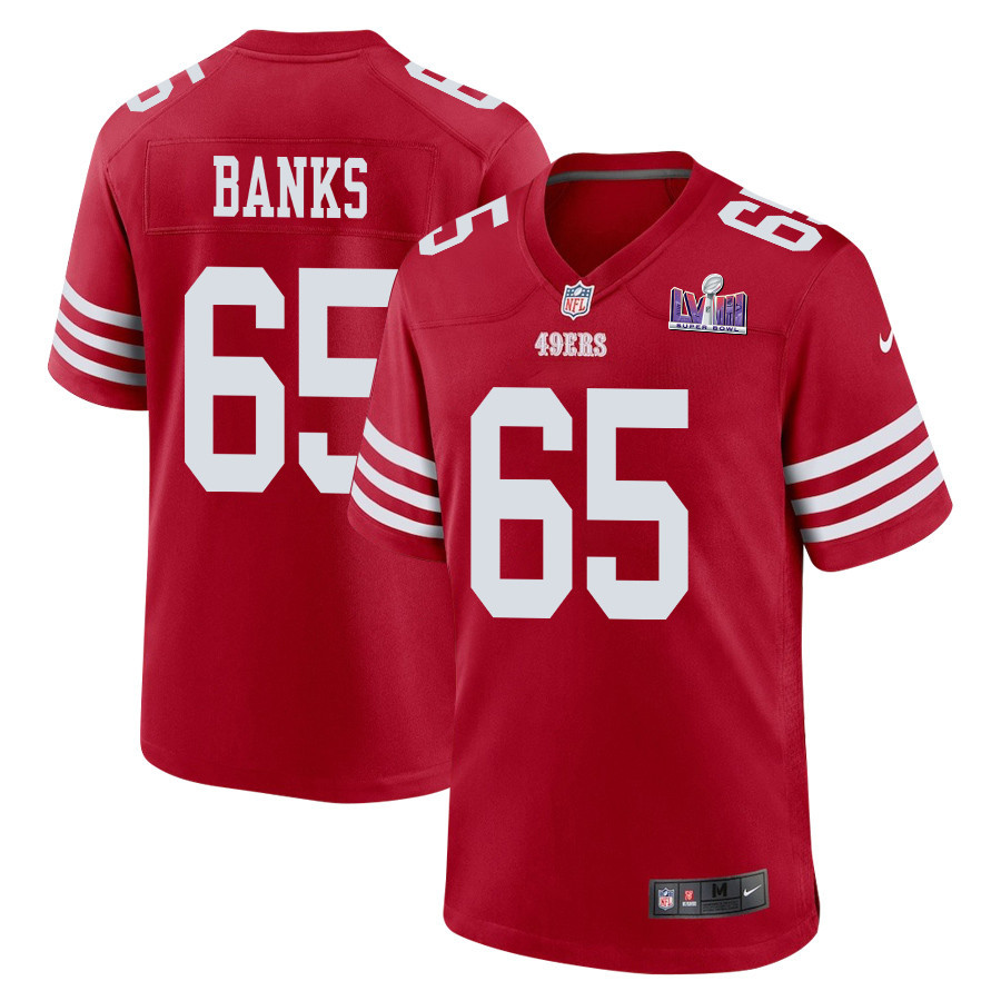 Aaron Banks 65 San Francisco 49ers Super Bowl LVIII Patch Game Men Jersey - Scarlet JS2544 Saliibo