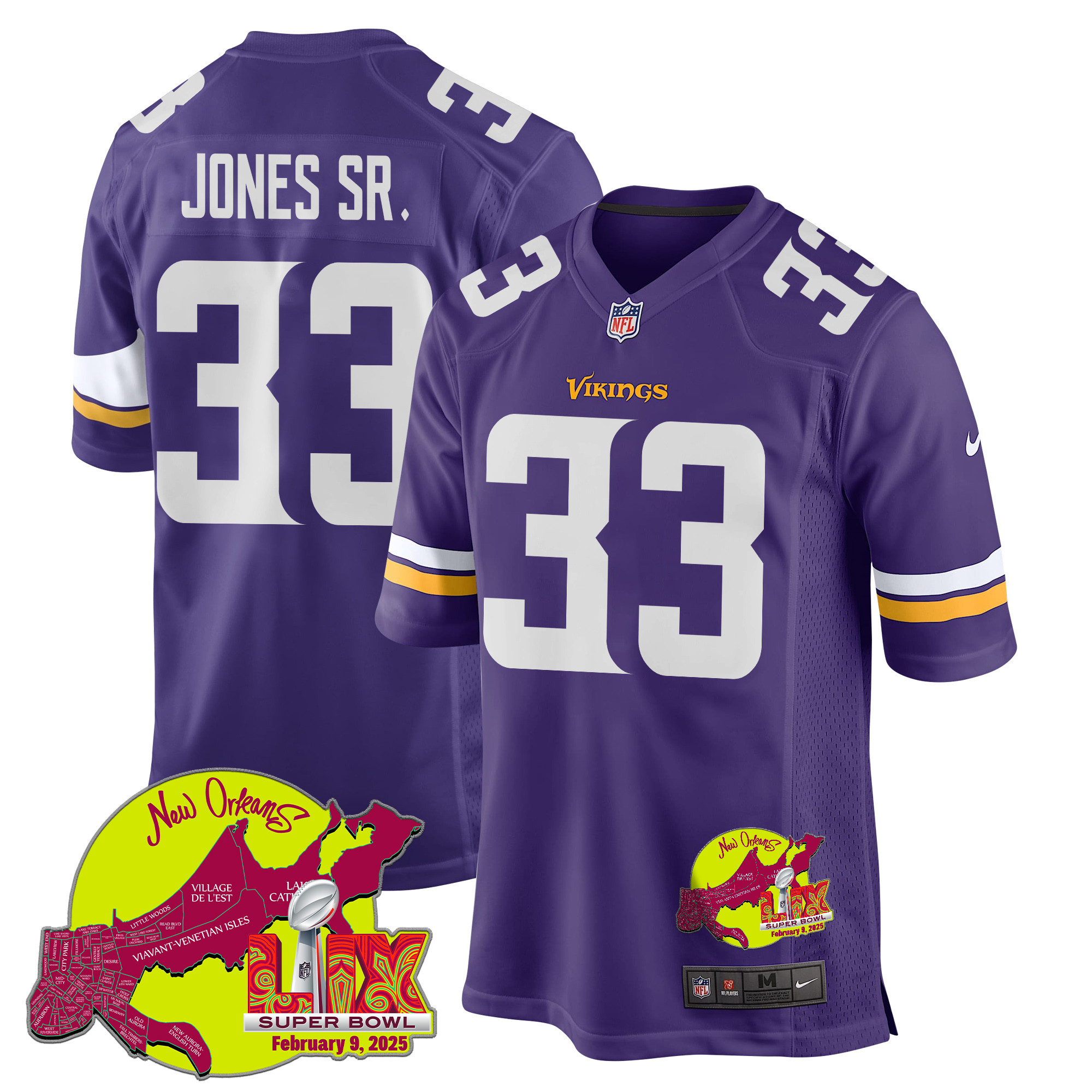 Aaron Jones Sr. 33 Minnesota Vikings Super Bowl LIX New Orleans Patch Game Men Jersey - Purple JS3871 Saliibo