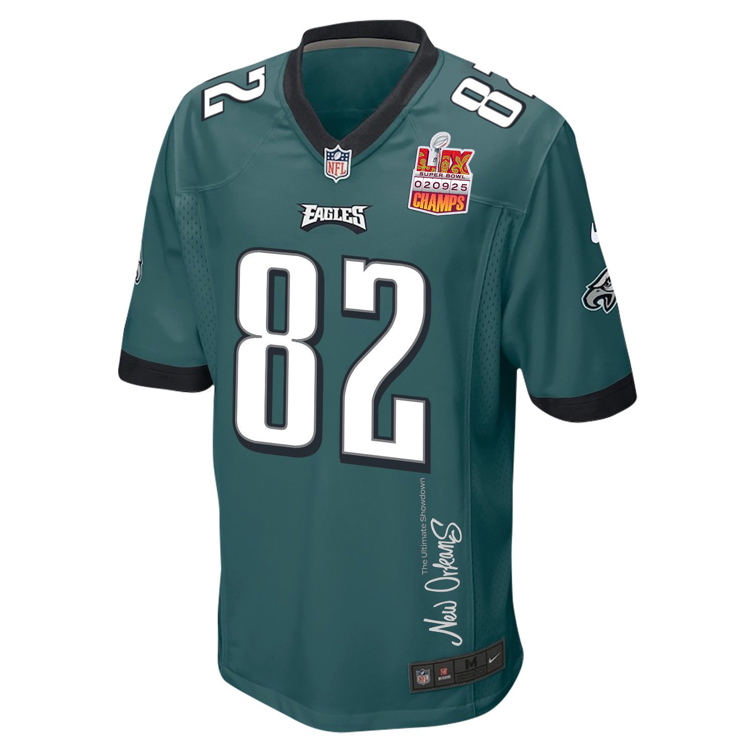 Ainias Smith 82 Philadelphia Eagles Super Bowl LIX Champions Patch 'New Orleans - The Ultimate Showdown' EMBROIDERED Game Men Jersey - Midnight Green JS7732 Saliibo - Image 3
