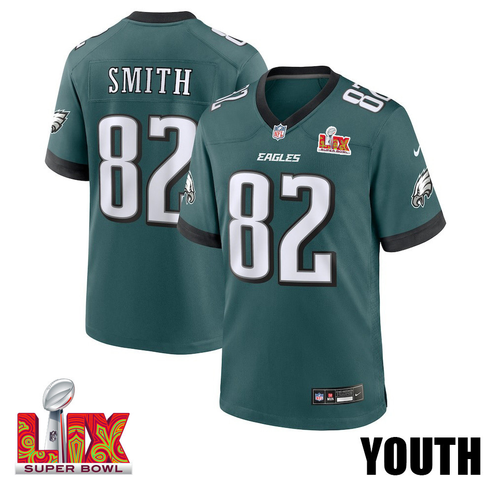 Ainias Smith #82 Philadelphia Eagles Super Bowl LIX YOUTH Jersey - Midnight Green JS3913 Saliibo