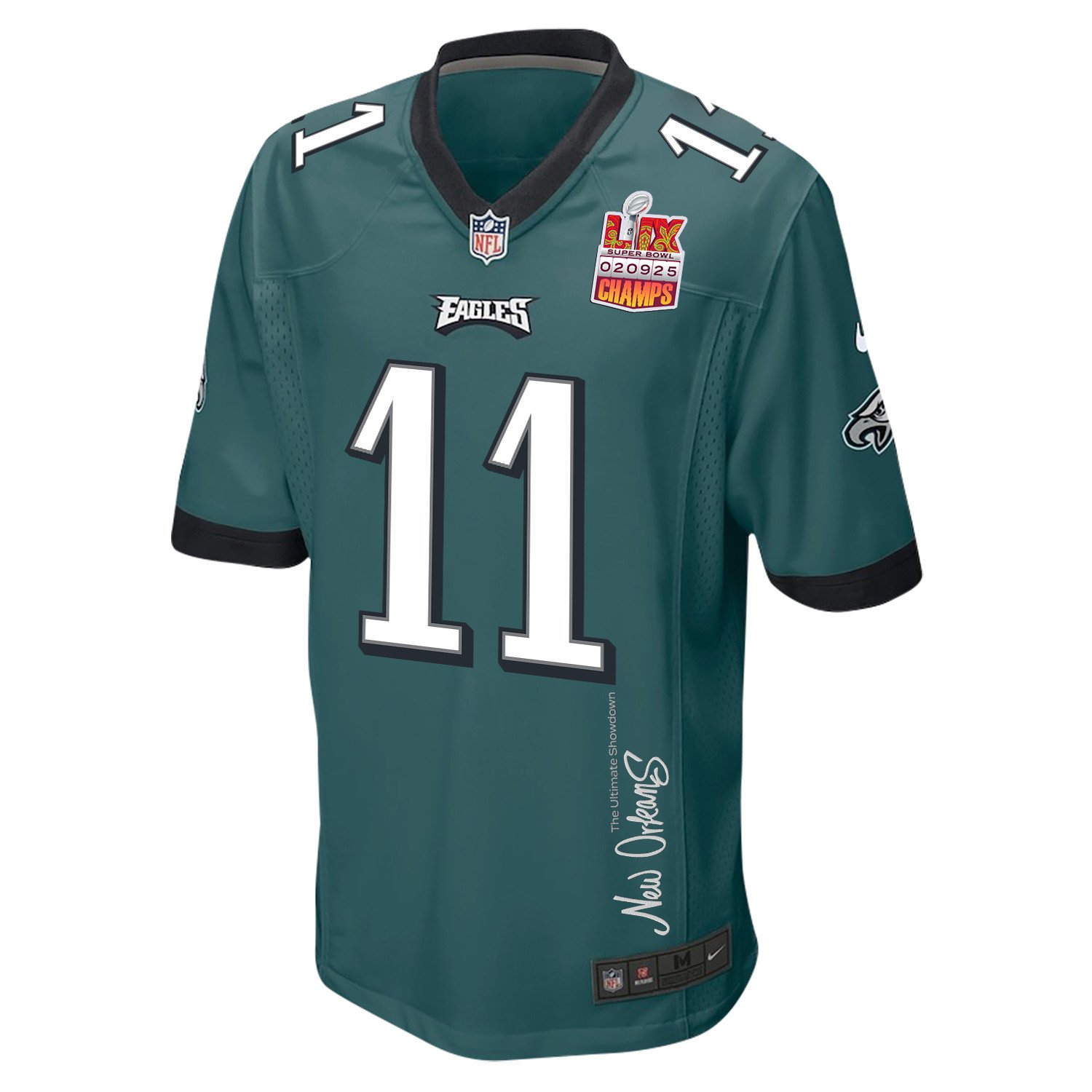 A.J. Brown 11 Philadelphia Eagles Super Bowl LIX Champions Patch 'New Orleans - The Ultimate Showdown' EMBROIDERED Game Men Jersey - Midnight Green JS6128 Saliibo - Image 3