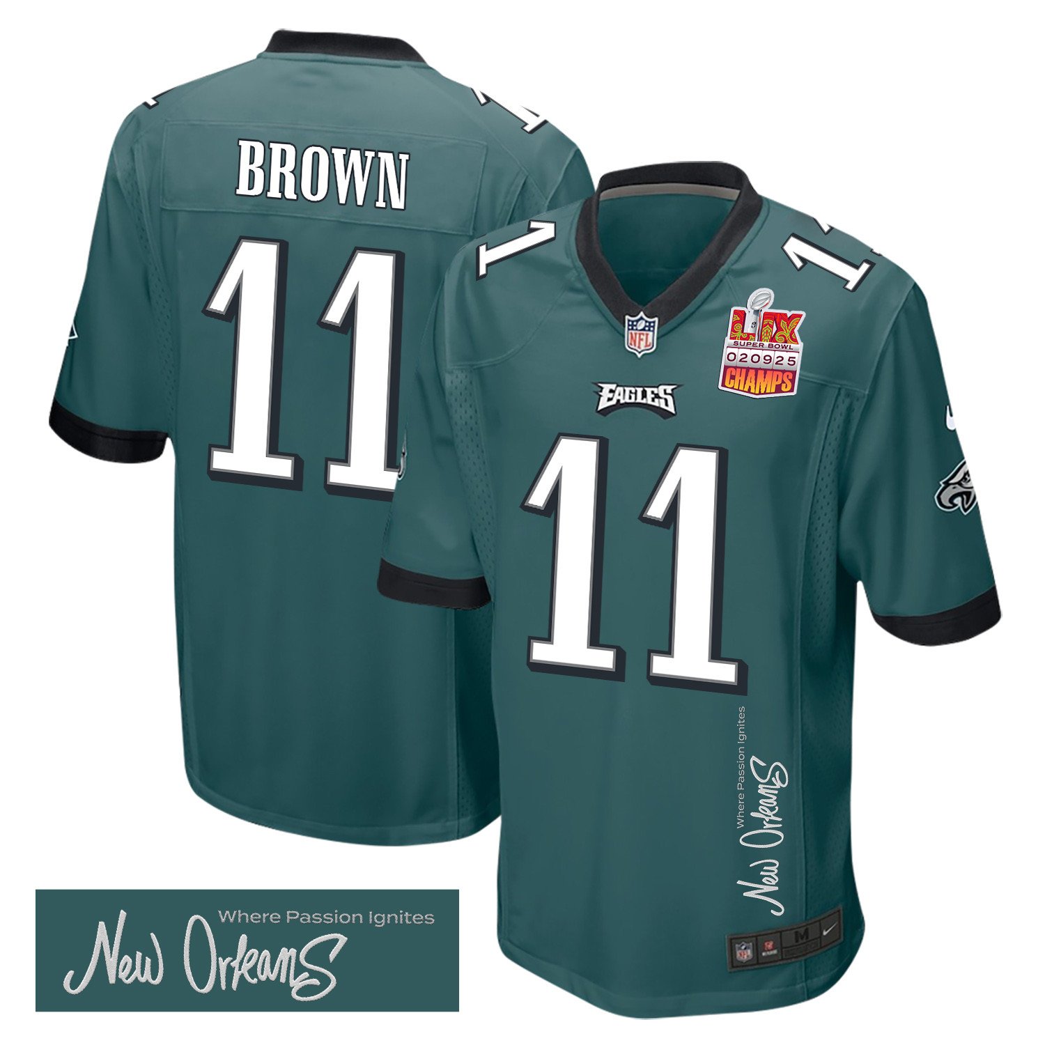 A.J. Brown 11 Philadelphia Eagles Super Bowl LIX Champions Patch 'New Orleans - Where Passion Ignites' EMBROIDERED Game Men Jersey - Midnight Green JS8255 Saliibo