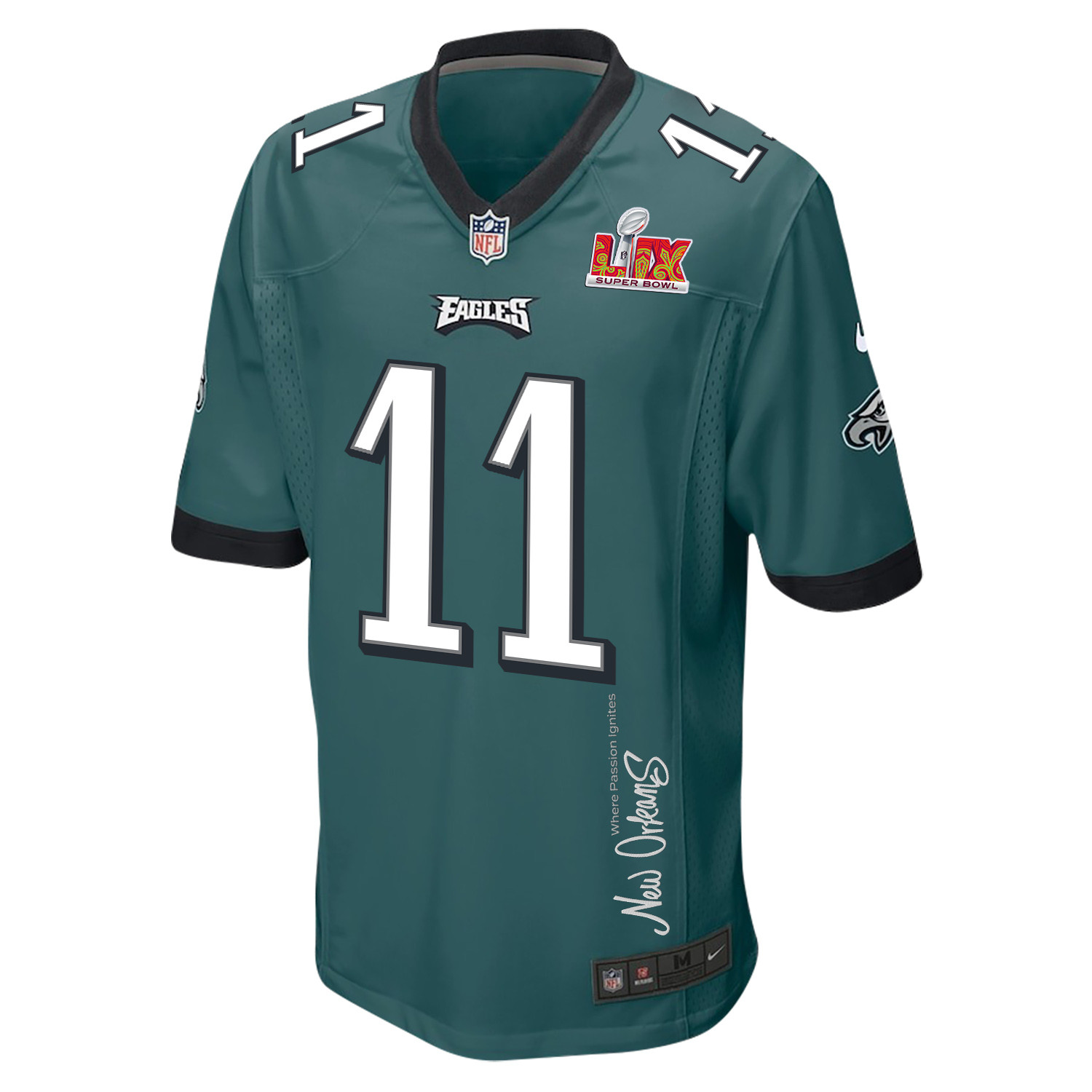 A.J. Brown 11 Philadelphia Eagles Super Bowl LIX 'New Orleans - Where Passion Ignites' EMBROIDERED Game Men Jersey - Midnight Green JS1607 Saliibo - Image 3