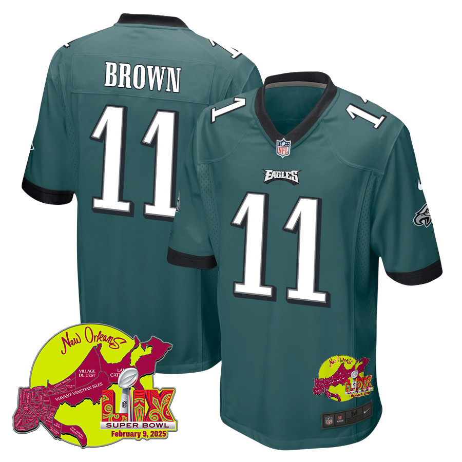 A.J. Brown 11 Philadelphia Eagles Super Bowl LIX New Orleans Patch Game Men Jersey - Midnight Green JS8524 Saliibo