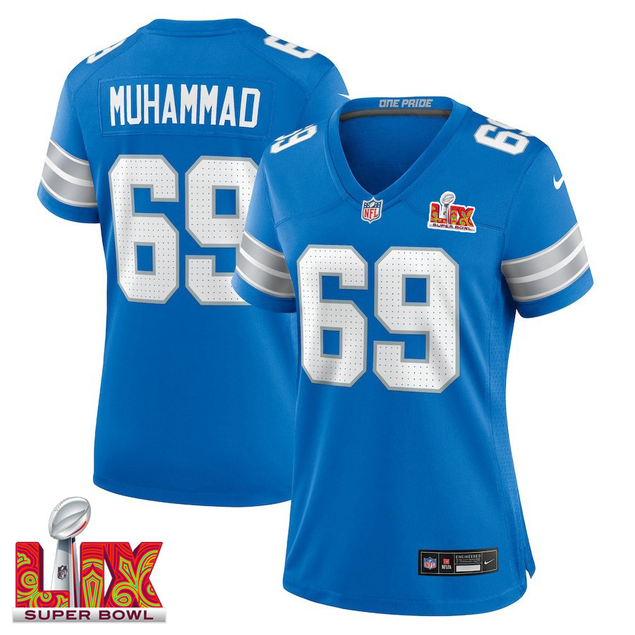 Al-Quadin Muhammad #69 Detroit Lions Super Bowl LIX Women's Jersey - Blue JS9226 Saliibo