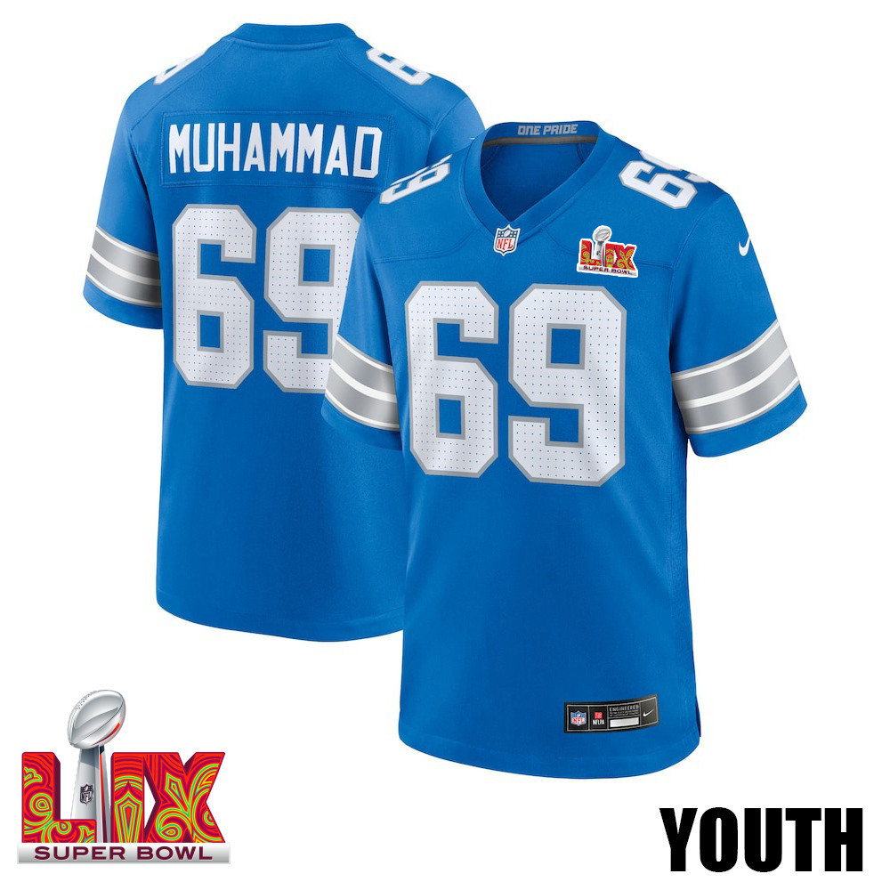 Al-Quadin Muhammad #69 Detroit Lions Super Bowl LIX YOUTH Jersey - Blue JS8272 Saliibo