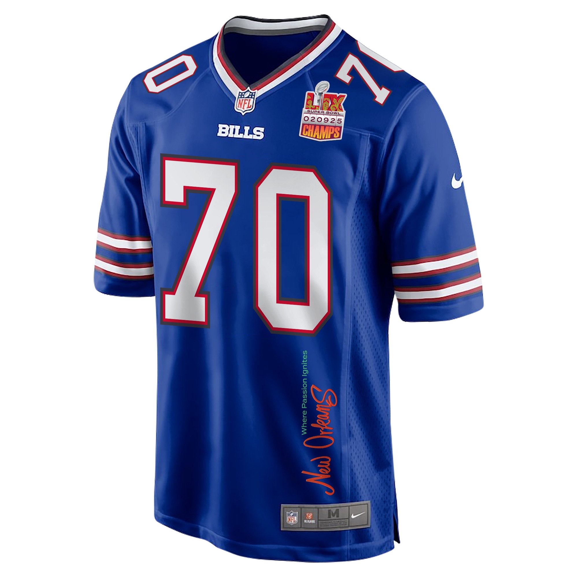 Alec Anderson 70 Buffalo Bills Super Bowl LIX Champions Patch 'New Orleans - Where Passion Ignites' EMBROIDERED Game Men Jersey - Royal JS1448 Saliibo - Image 3