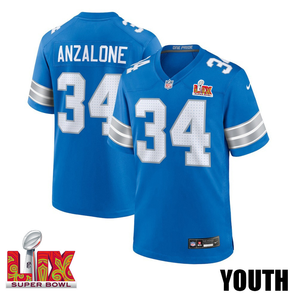 Alex Anzalone #34 Detroit Lions Super Bowl LIX YOUTH Jersey - Blue JS2764 Saliibo