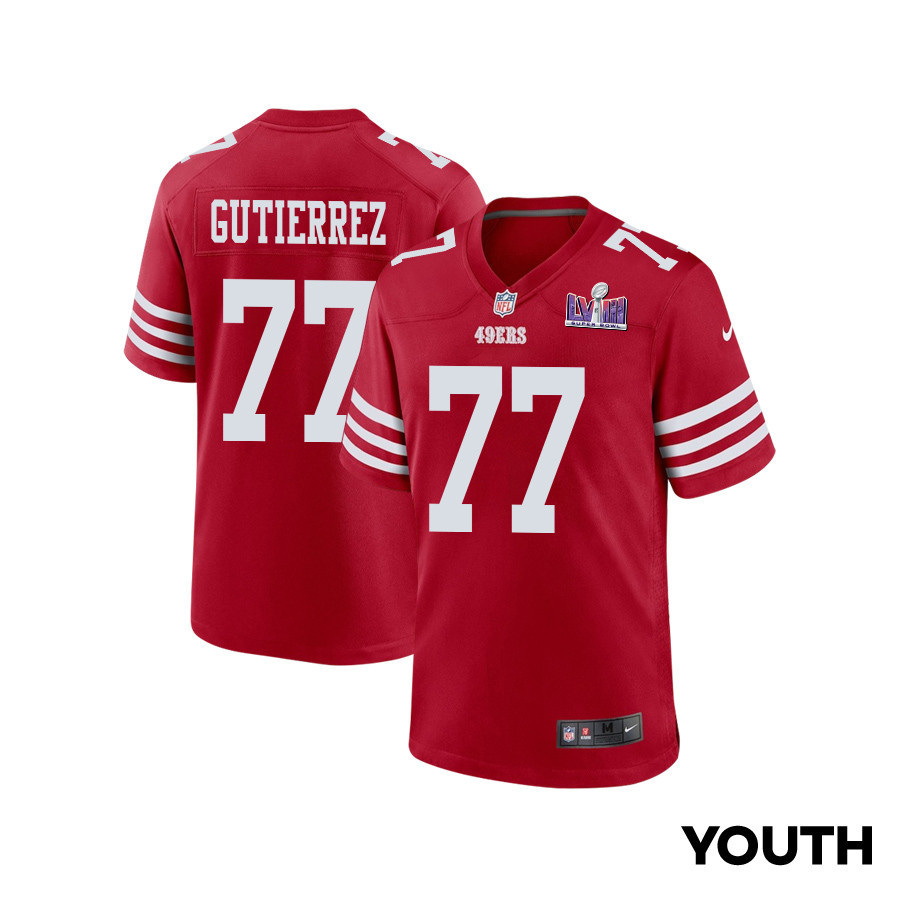 Alfredo Gutierrez 77 San Francisco 49ers Super Bowl LVIII Patch Game YOUTH Jersey - Scarlet JS6259 Saliibo