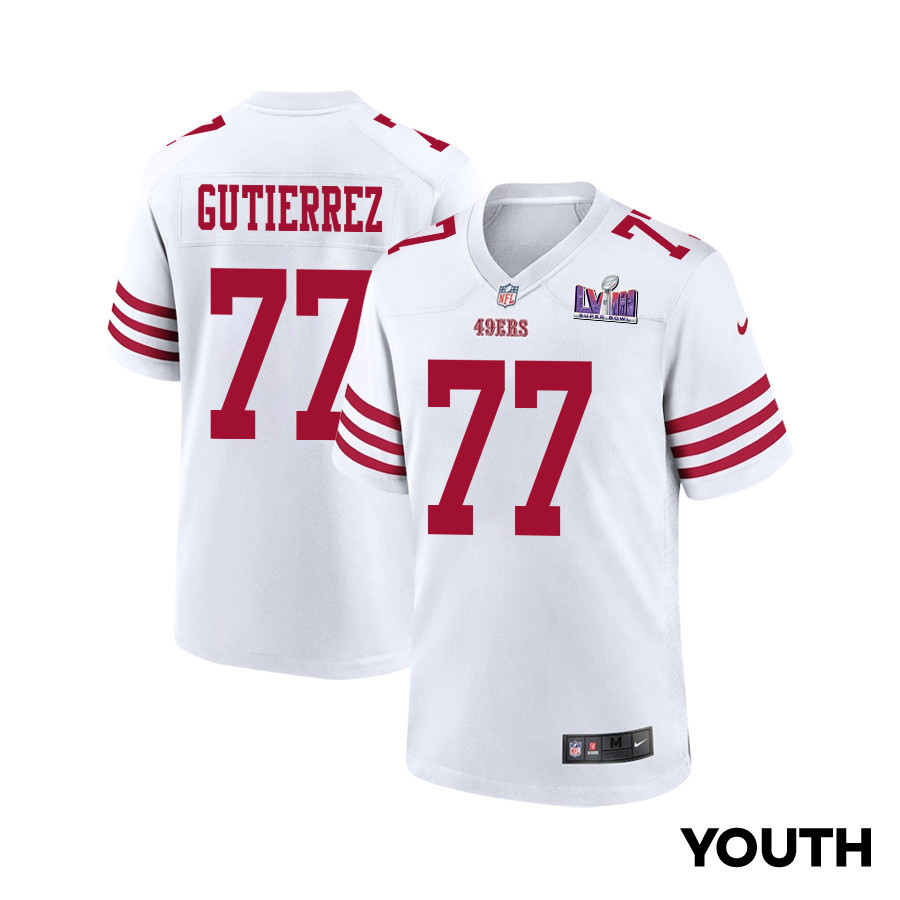Alfredo Gutierrez 77 San Francisco 49ers Super Bowl LVIII Patch Game YOUTH Jersey - White JS5808 Saliibo