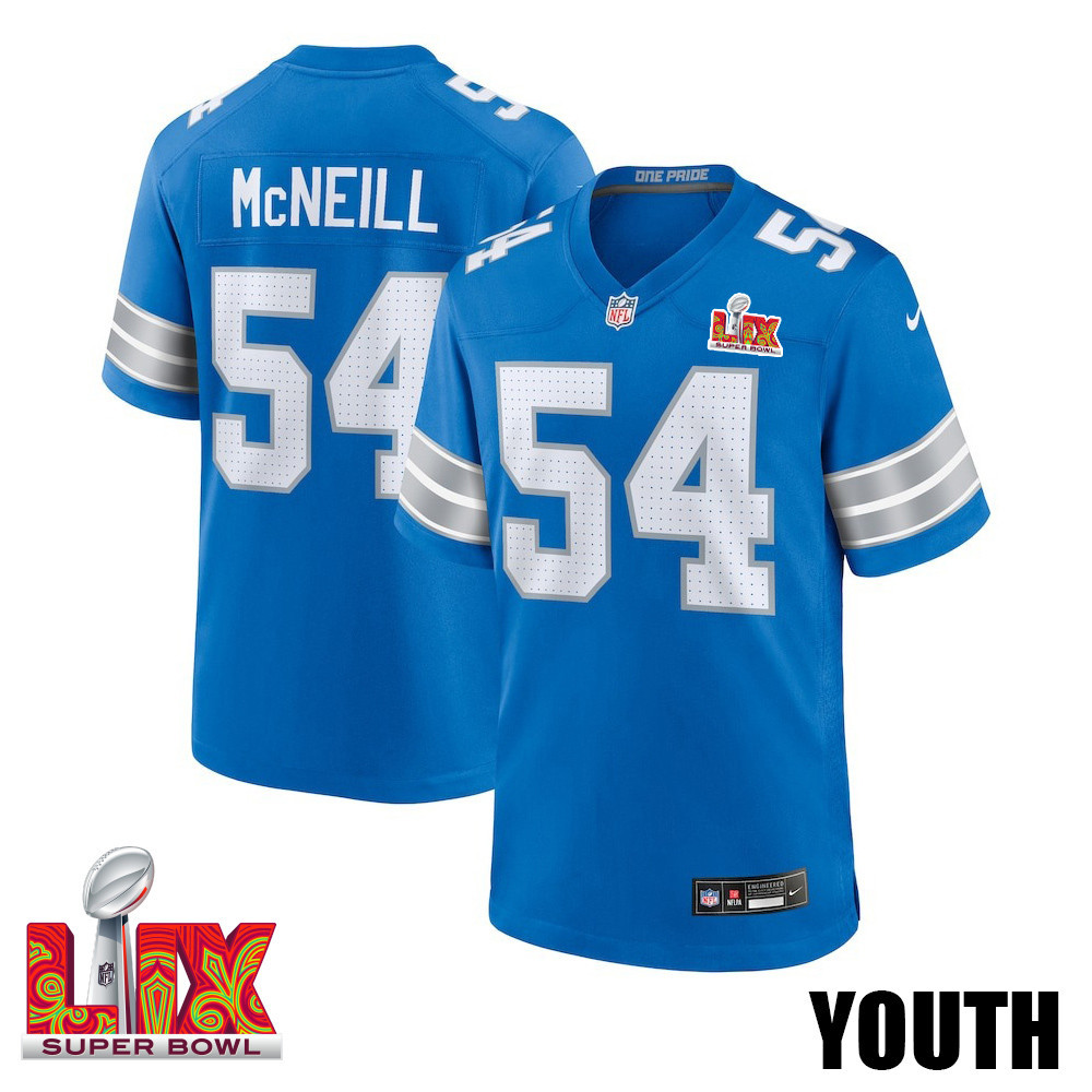 Alim McNeill #54 Detroit Lions Super Bowl LIX YOUTH Jersey - Blue JS3710 Saliibo
