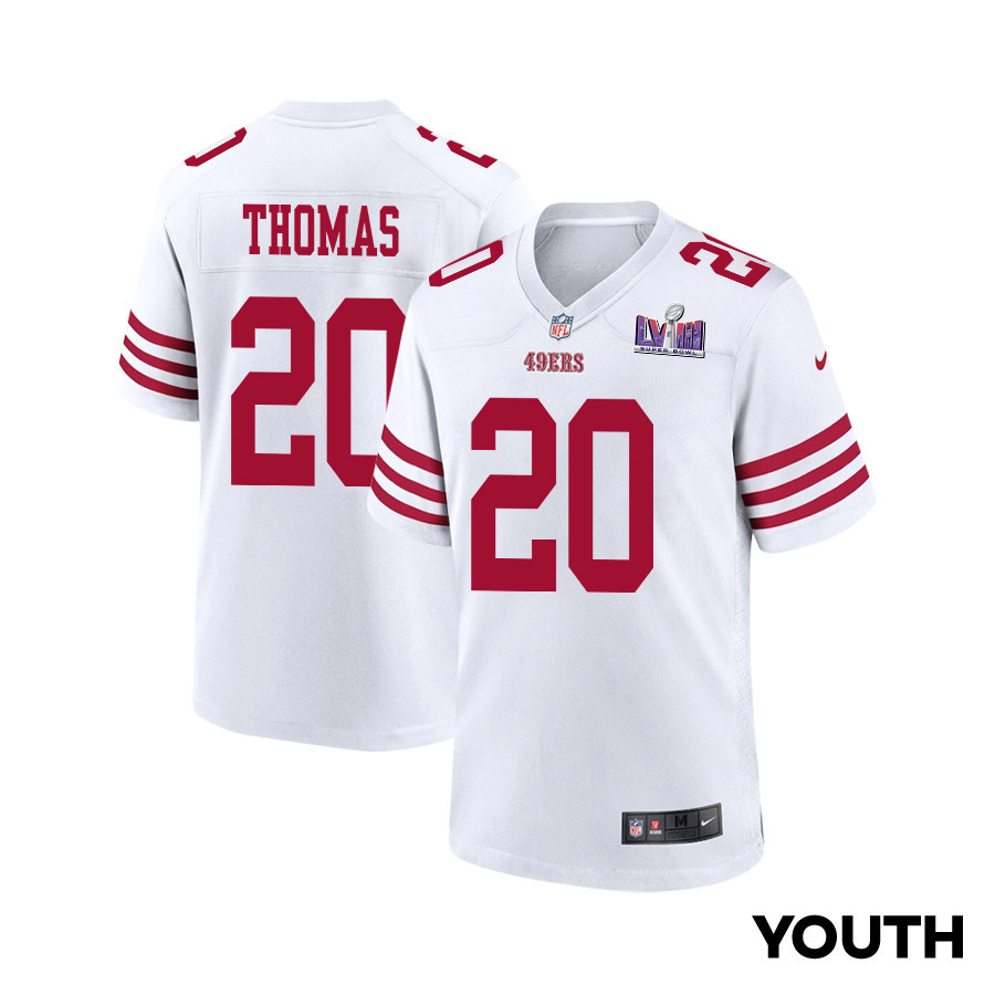 Ambry Thomas 20 San Francisco 49ers Super Bowl LVIII Patch Game YOUTH Jersey - White JS2098 Saliibo