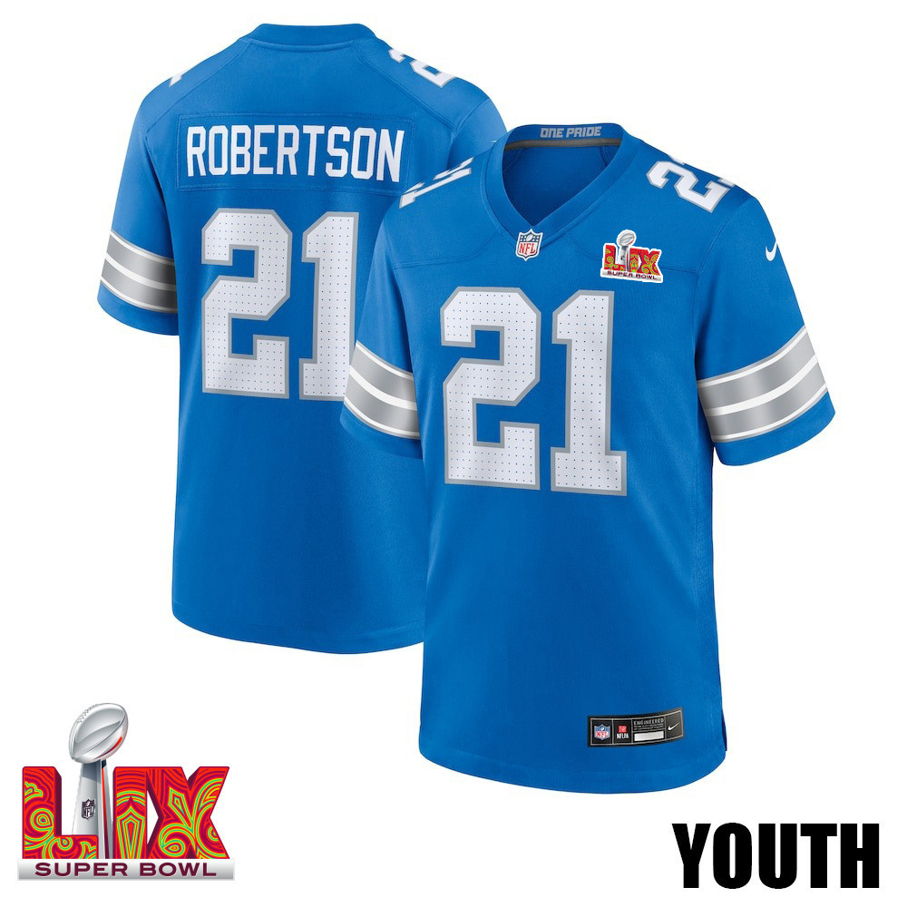 Amik Robertson #21 Detroit Lions Super Bowl LIX YOUTH Jersey - Blue JS3309 Saliibo