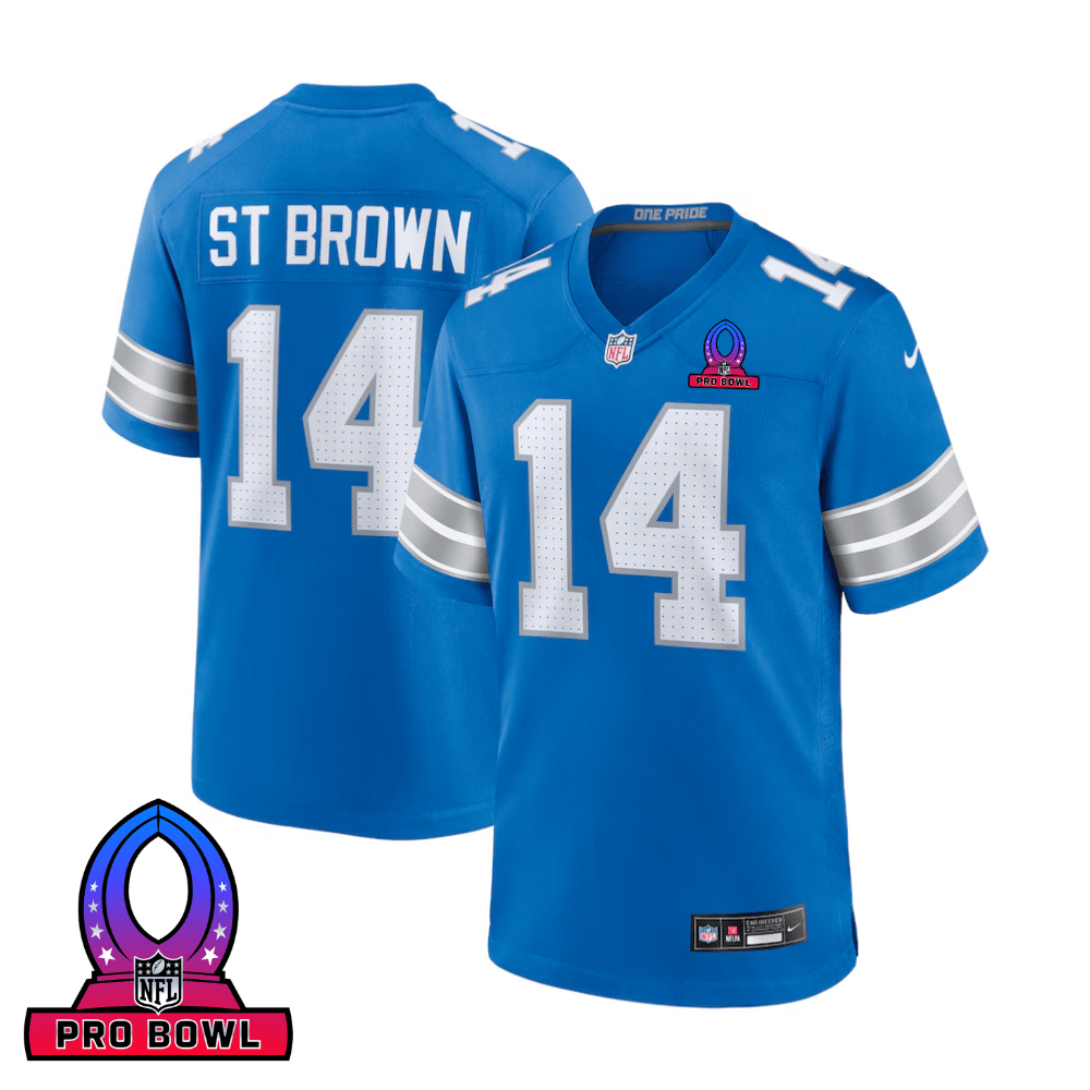 Amon-Ra St. Brown 14 Detroit Lions 2025 Pro Bowl Patch Game Men Jersey - Blue JS3145 Saliibo