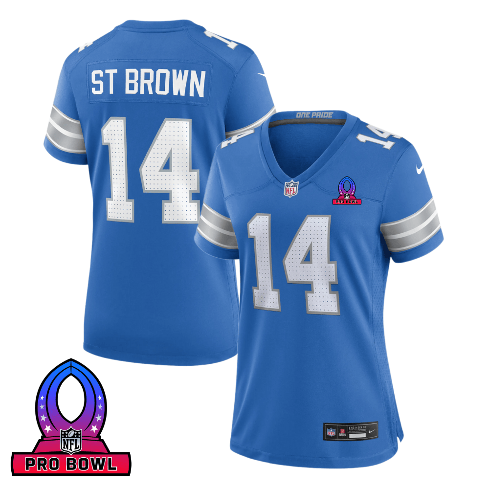 Amon-Ra St. Brown 14 Detroit Lions 2025 Pro Bowl Patch Women Game Jersey - Blue JS5321 Saliibo