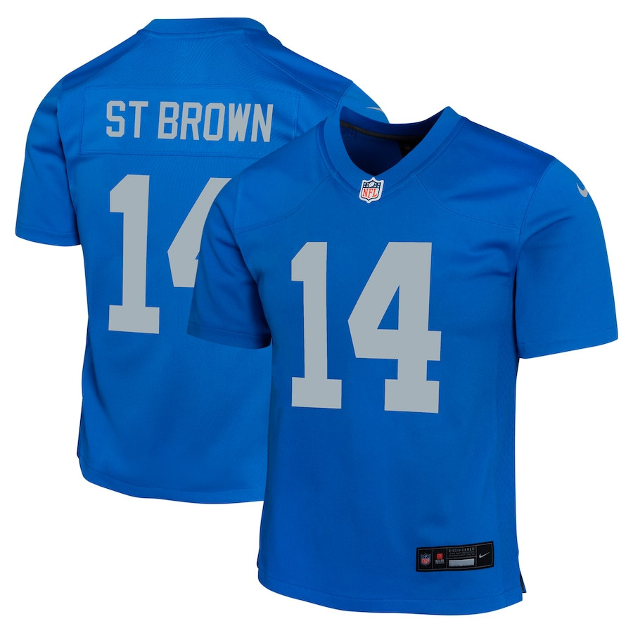 Amon-Ra St. Brown 14 Detroit Lions Alternate Game YOUTH Jersey - Blue JS7835 Saliibo