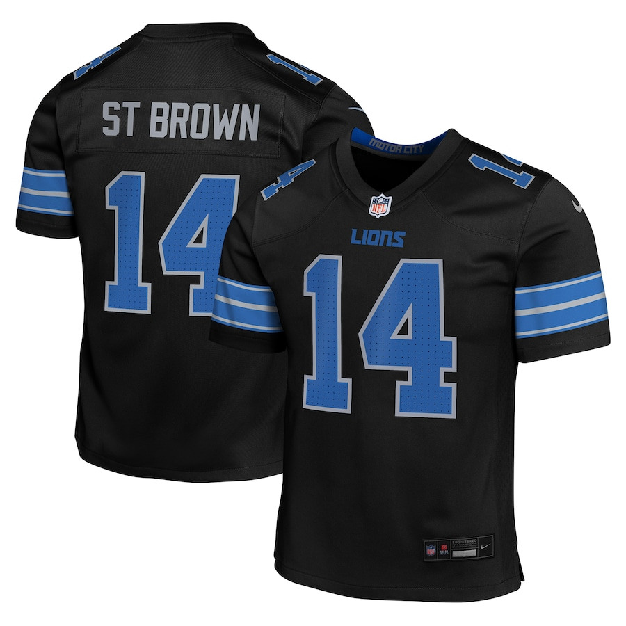 Amon-Ra St. Brown 14 Detroit Lions Alternate Player Game YOUTH Jersey - Black JS3620 Saliibo
