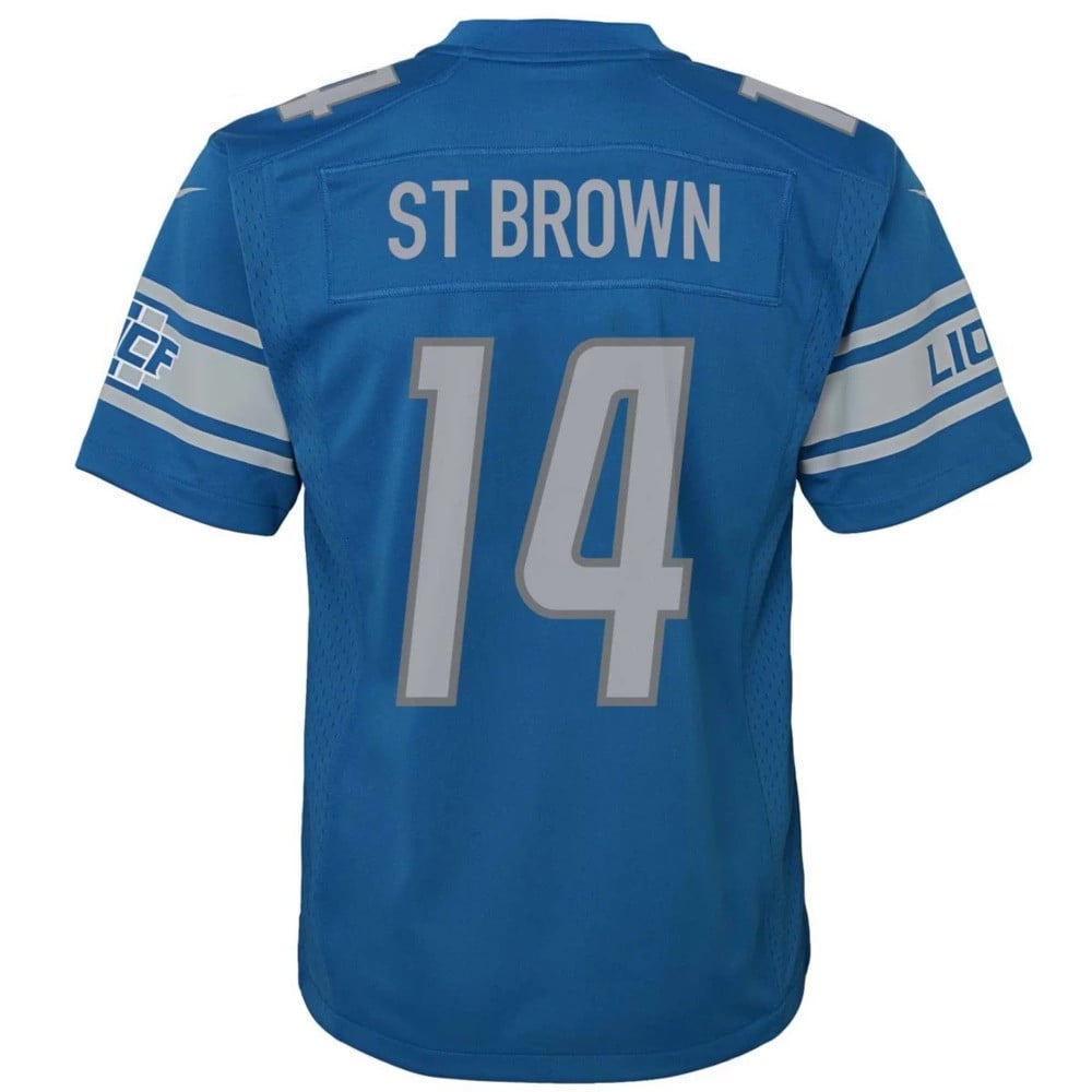 Amon-Ra St. Brown 14 Detroit Lions Sun God Game YOUTH Jersey - Blue JS9146 Saliibo - Image 3