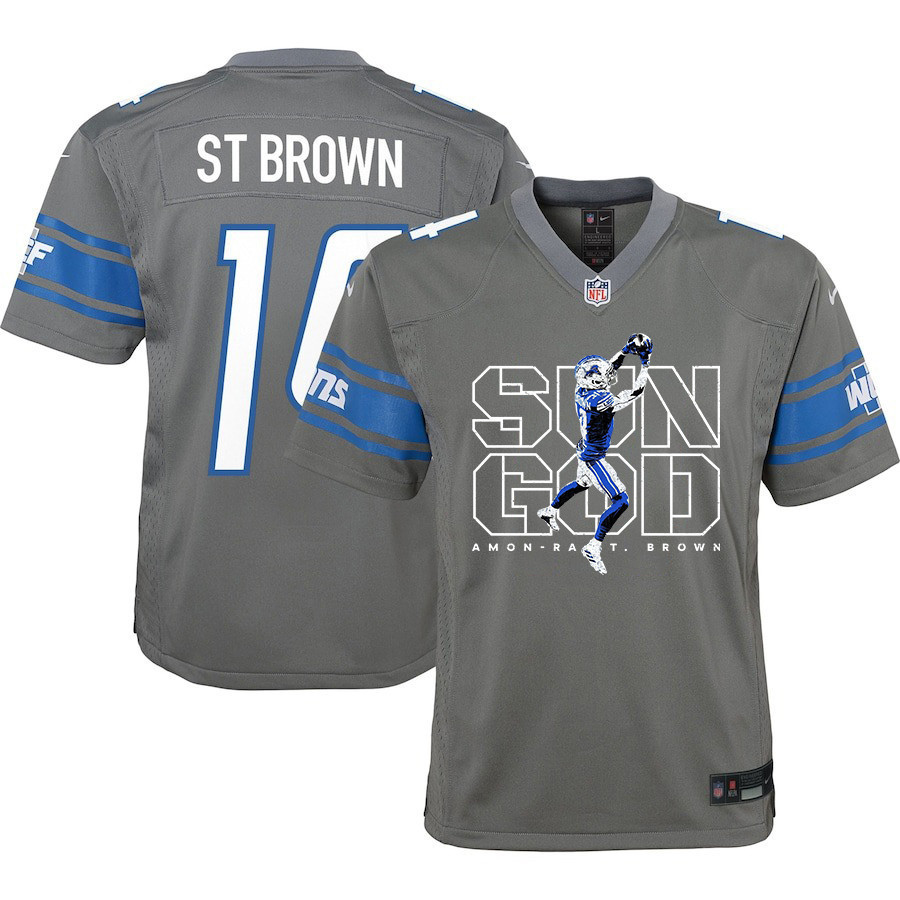 Amon-Ra St. Brown 14 Detroit Lions Sun God Game YOUTH Jersey - Silver JS8086 Saliibo