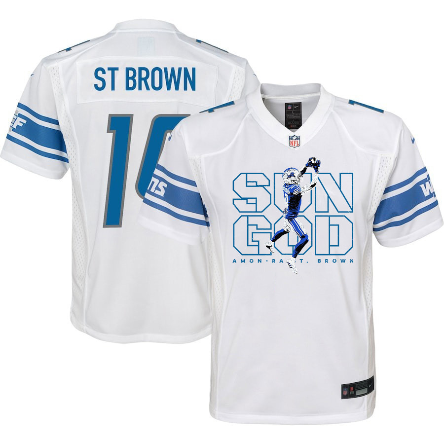 Amon-Ra St. Brown 14 Detroit Lions Sun God Game YOUTH Jersey - White JS5479 Saliibo