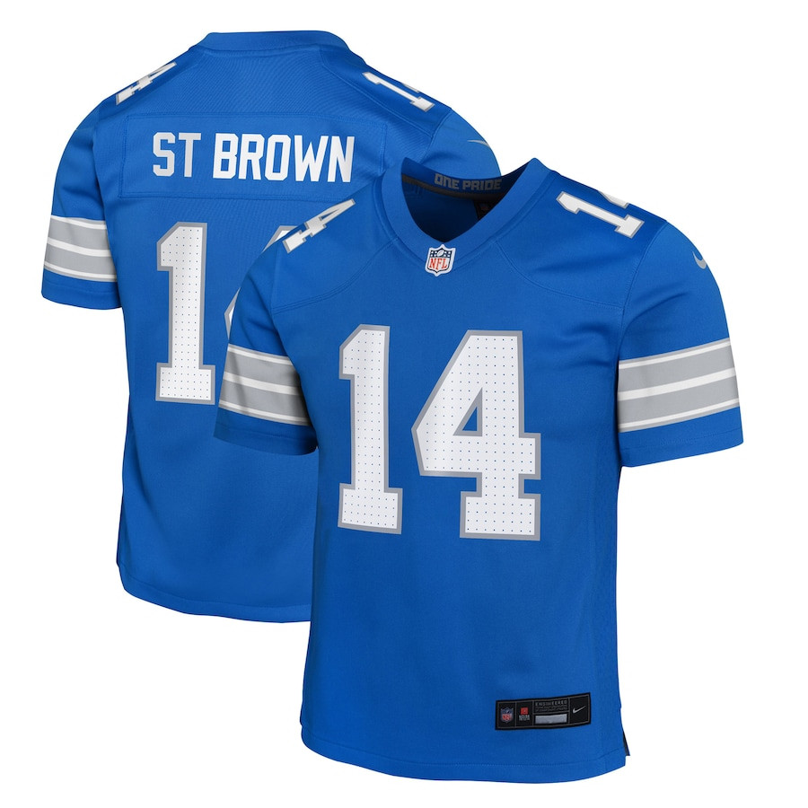 Amon-Ra St. Brown 14 Detroit Lions Team Player Game YOUTH Jersey - Blue JS3870 Saliibo