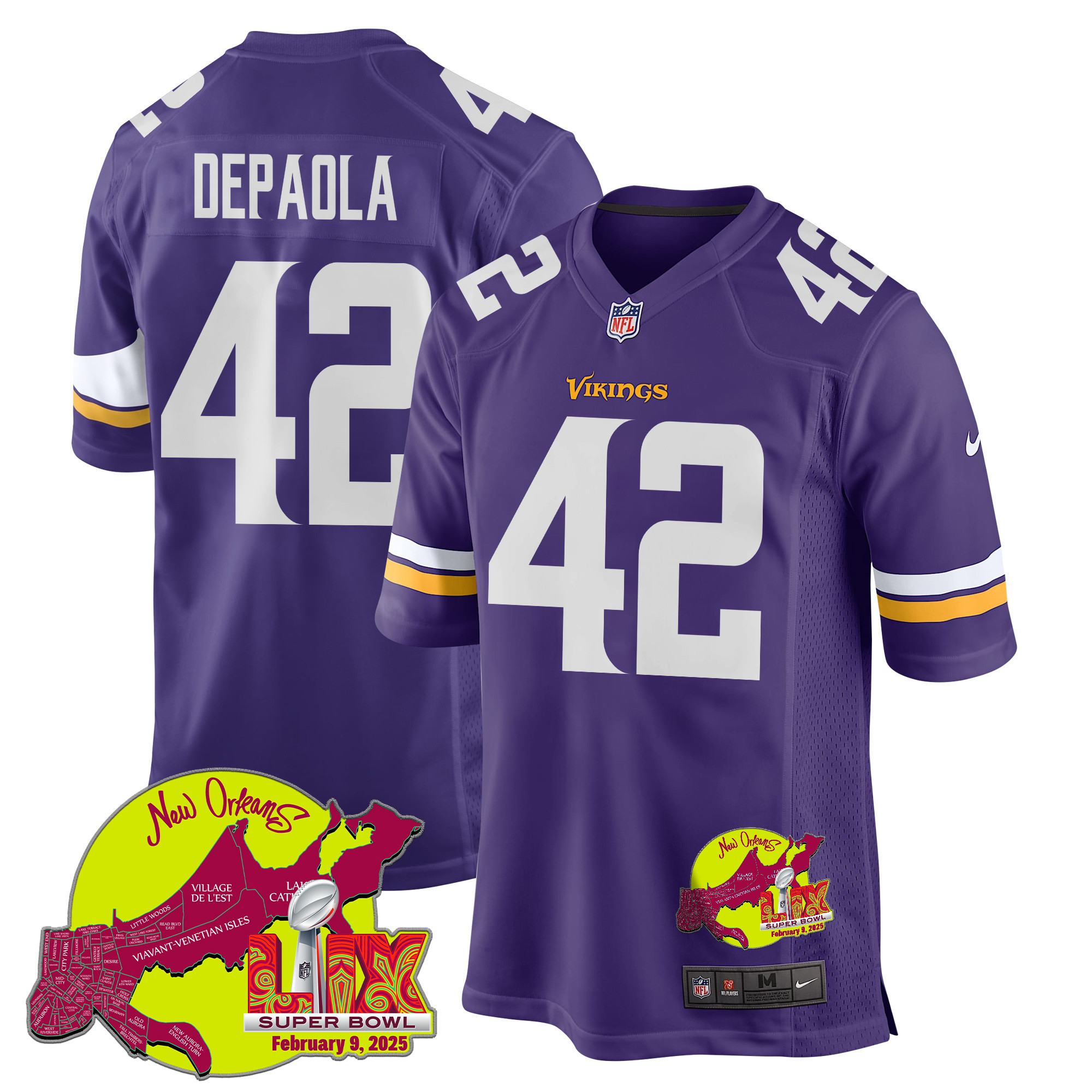 Andrew DePaola 42 Minnesota Vikings Super Bowl LIX New Orleans Patch Game Men Jersey - Purple JS6021 Saliibo