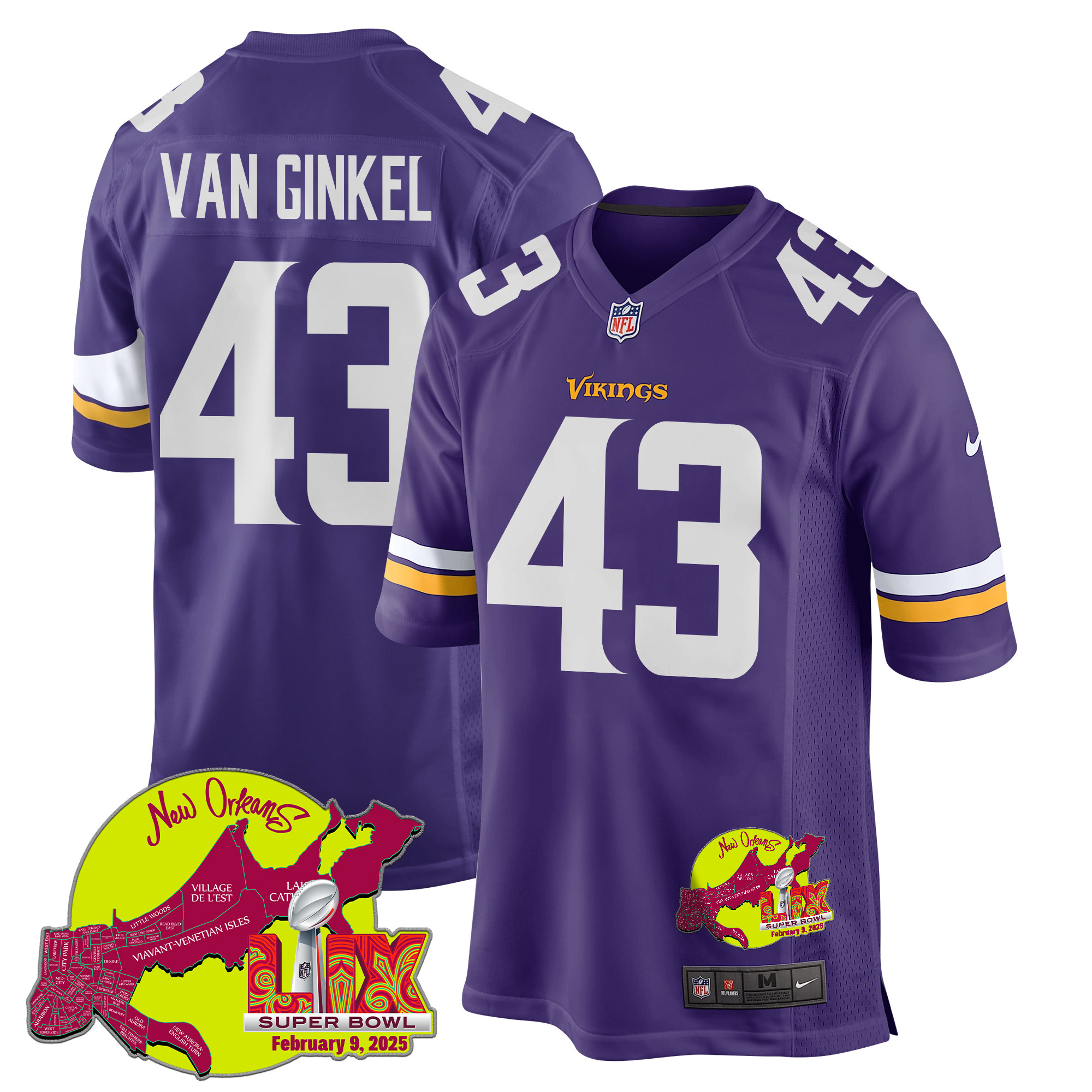 Andrew Van Ginkel 43 Minnesota Vikings Super Bowl LIX New Orleans Patch Game Men Jersey - Purple JS7529 Saliibo