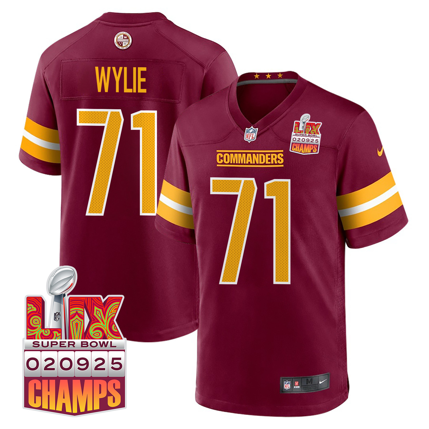 Andrew Wylie 71 Washington Commanders Super Bowl LIX Champions Patch Game Men Jersey - Burgundy JS2228 Saliibo