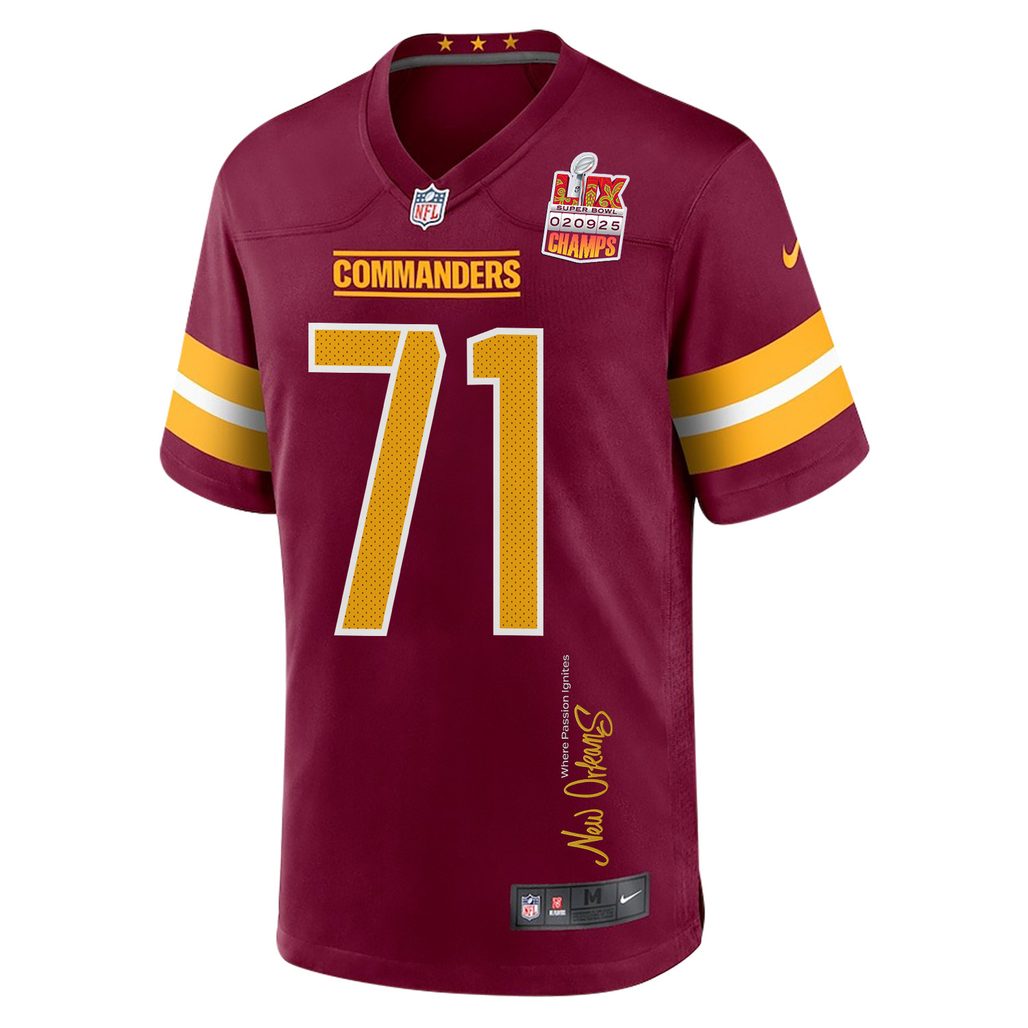 Andrew Wylie 71 Washington Commanders Super Bowl LIX Champions Patch 'New Orleans - Where Passion Ignites' EMBROIDERED Game Men Jersey - Burgundy JS8031 Saliibo - Image 3