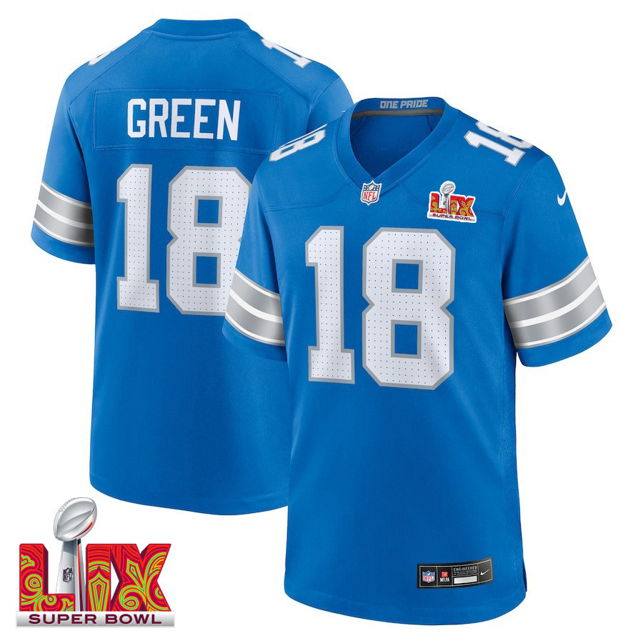 Antoine Green #18 Detroit Lions Super Bowl LIX Jersey - Men's - Blue JS3033 Saliibo