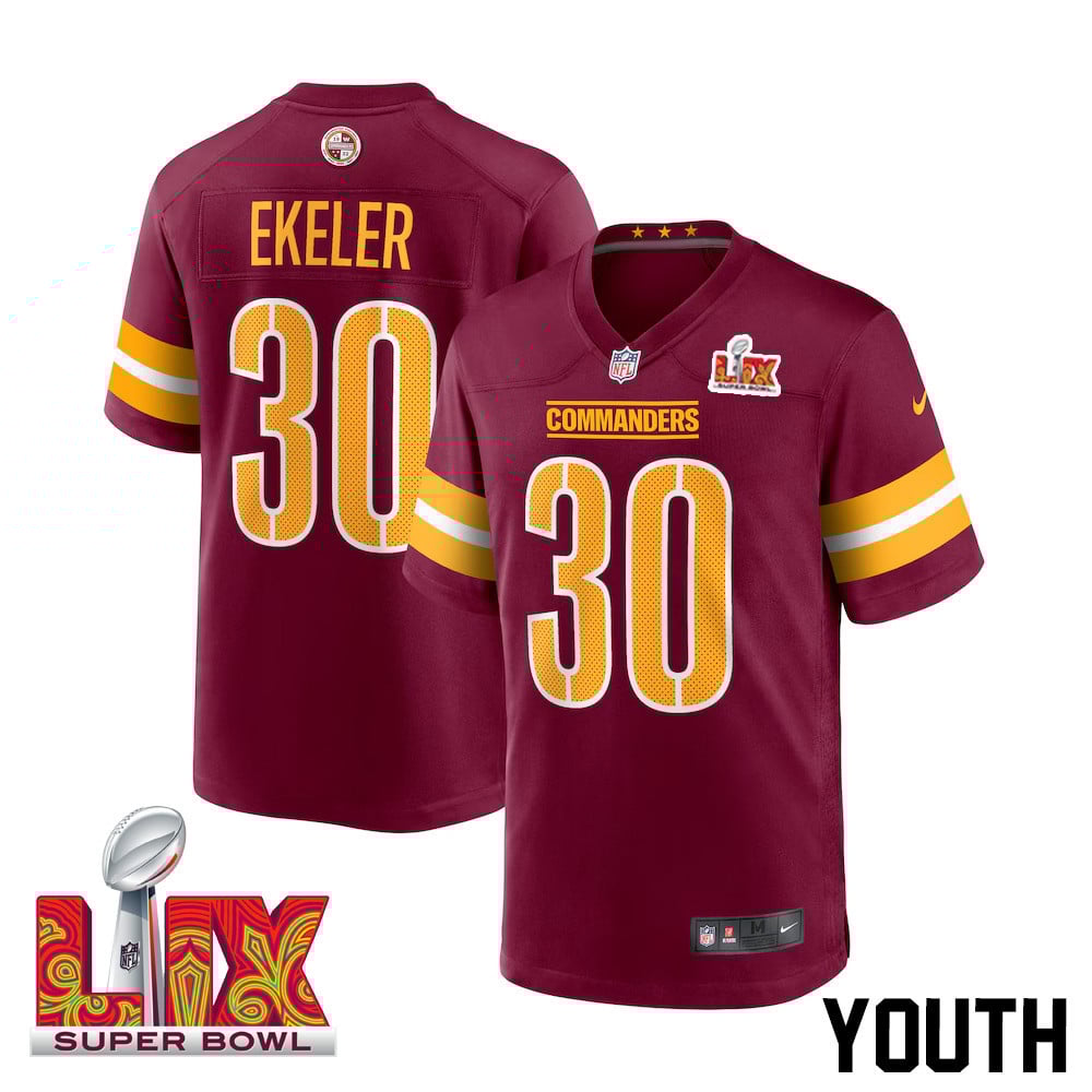 Austin Ekeler #30 Washington Commanders Super Bowl LIX Youth Jersey - Burgundy JS6020 Saliibo
