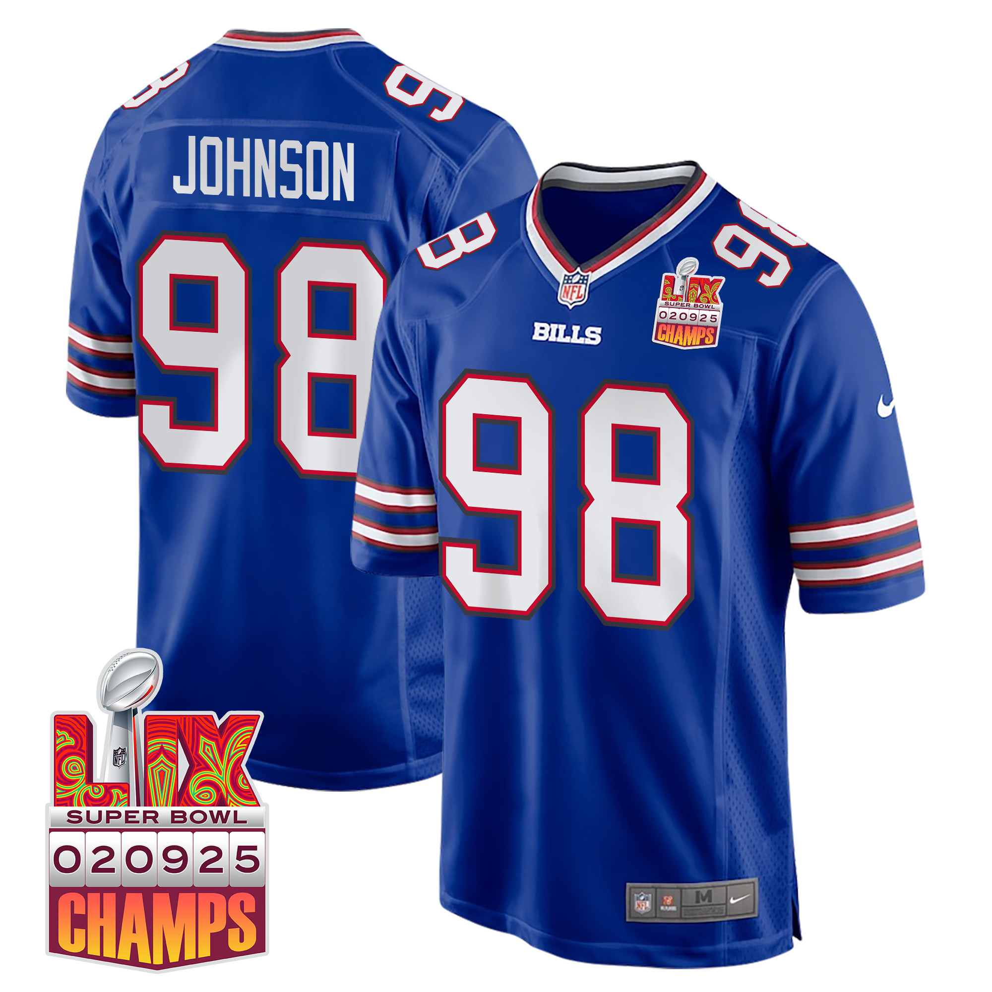 Austin Johnson 98 Buffalo Bills Super Bowl LIX Champions Patch Game Men Jersey - Royal JS8762 Saliibo