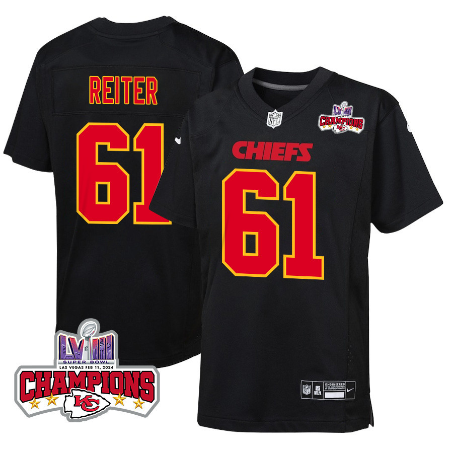 Austin Reiter 61 Kansas City Chiefs Super Bowl LVIII Champions 4 Stars Patch Fashion Game YOUTH Jersey - Carbon Black JS2096 Saliibo