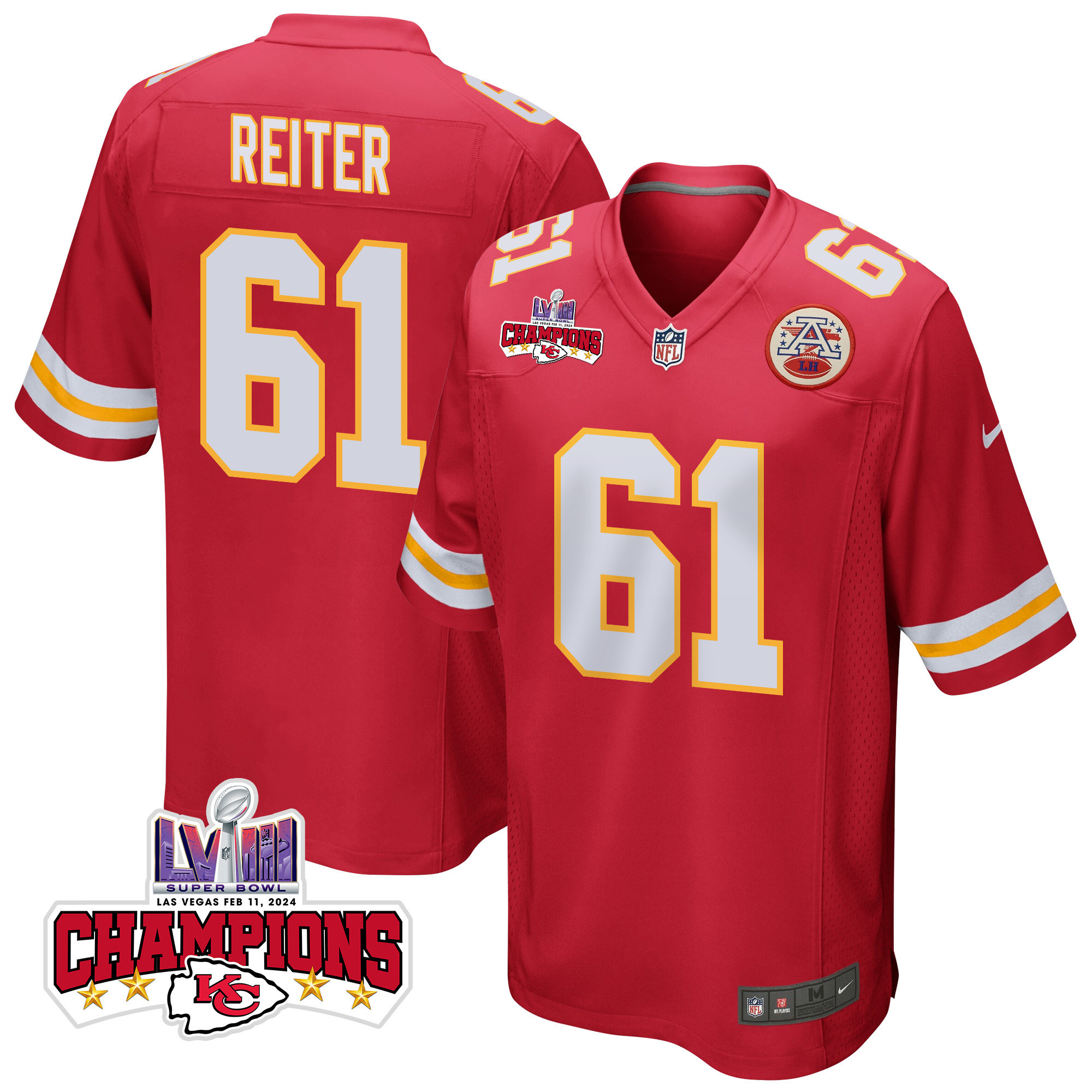 Austin Reiter 61 Kansas City Chiefs Super Bowl LVIII Champions 4 Stars Patch Game Men Jersey - Red JS5292 Saliibo