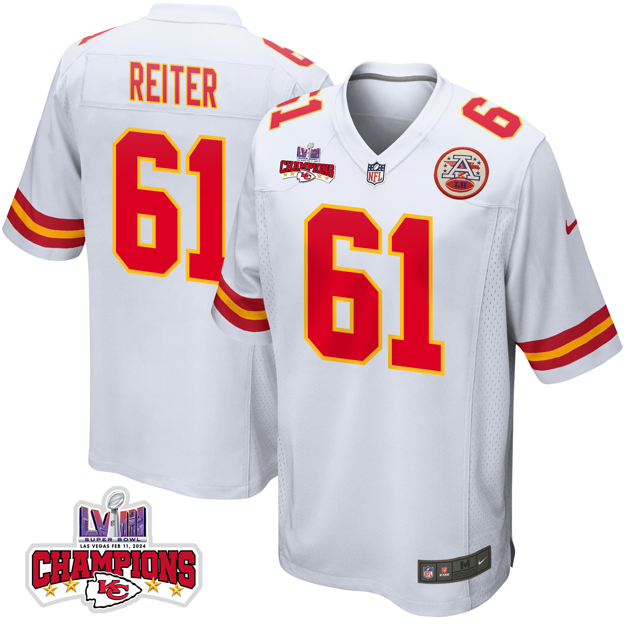 Austin Reiter 61 Kansas City Chiefs Super Bowl LVIII Champions 4 Stars Patch Game Men Jersey - White JS5738 Saliibo