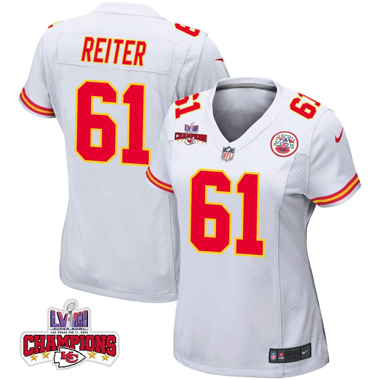 Austin Reiter 61 Kansas City Chiefs Super Bowl LVIII Champions 4 Stars Patch Game Women Jersey - White JS2096 Saliibo