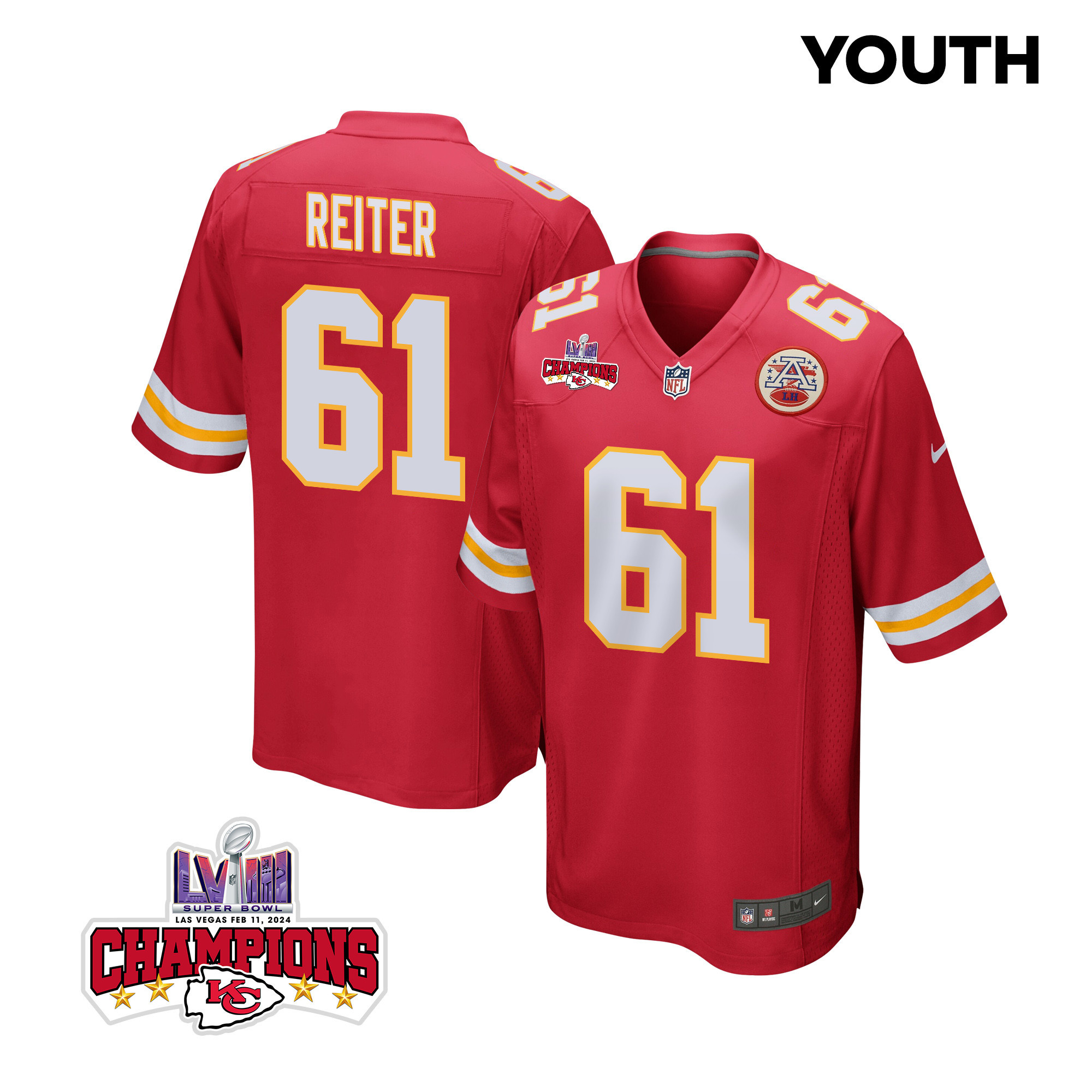 Austin Reiter 61 Kansas City Chiefs Super Bowl LVIII Champions 4 Stars Patch Game YOUTH Jersey - Red JS6639 Saliibo