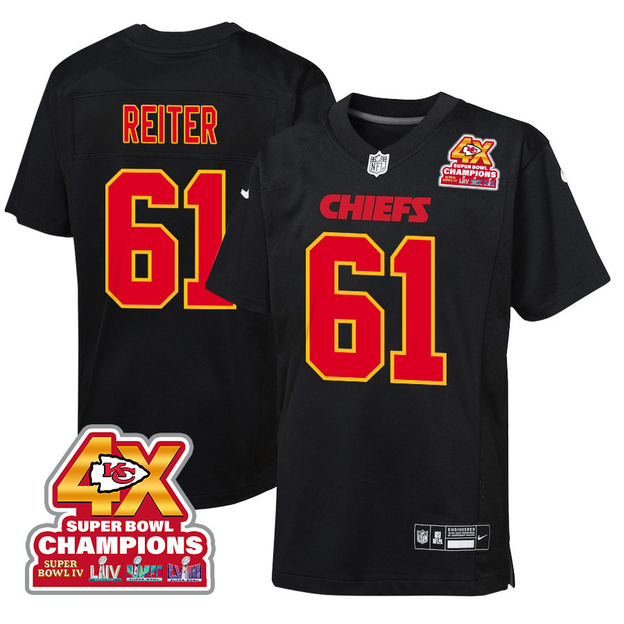 Austin Reiter 61 Kansas City Chiefs Super Bowl LVIII Champions 4X Fashion Game YOUTH Jersey - Carbon Black JS9138 Saliibo