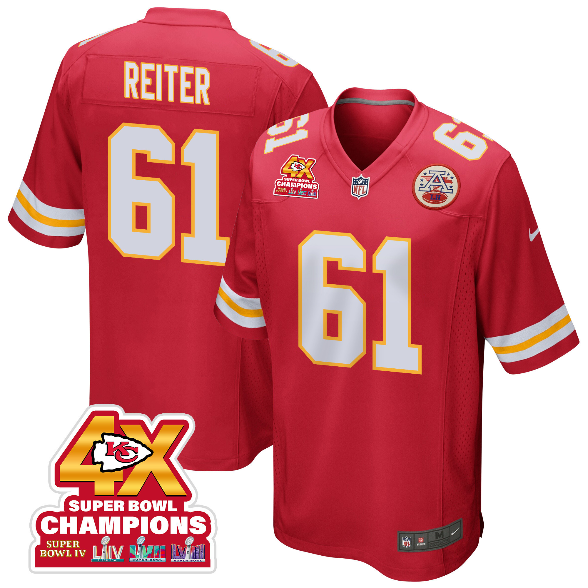 Austin Reiter 61 Kansas City Chiefs Super Bowl LVIII Champions 4X Game Men Jersey - Red JS4192 Saliibo