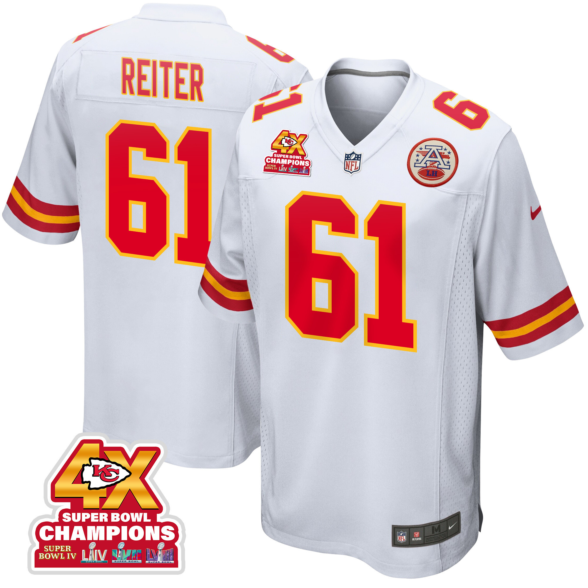 Austin Reiter 61 Kansas City Chiefs Super Bowl LVIII Champions 4X Game Men Jersey - White JS2073 Saliibo