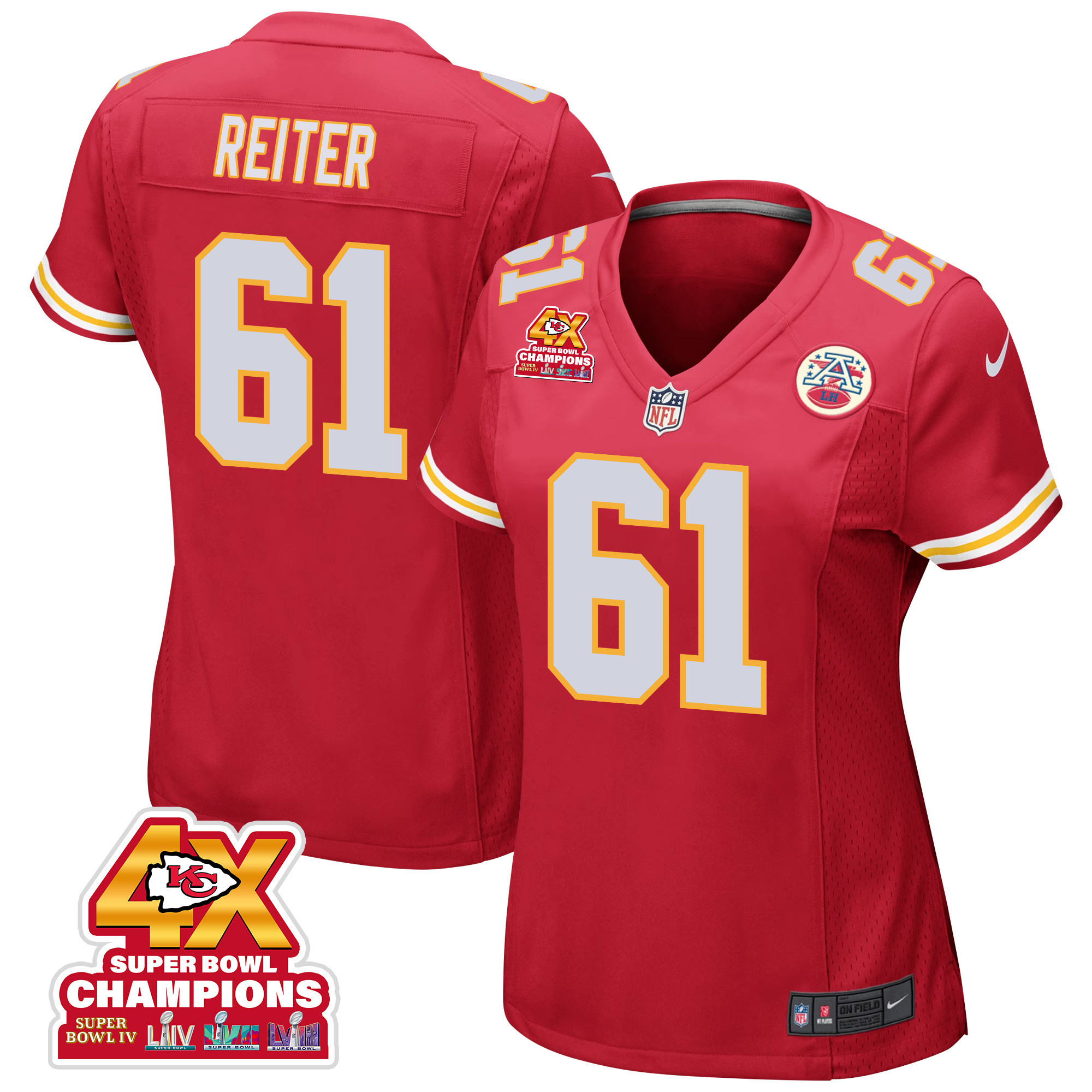 Austin Reiter 61 Kansas City Chiefs Super Bowl LVIII Champions 4X Game Women Jersey - Red JS6959 Saliibo