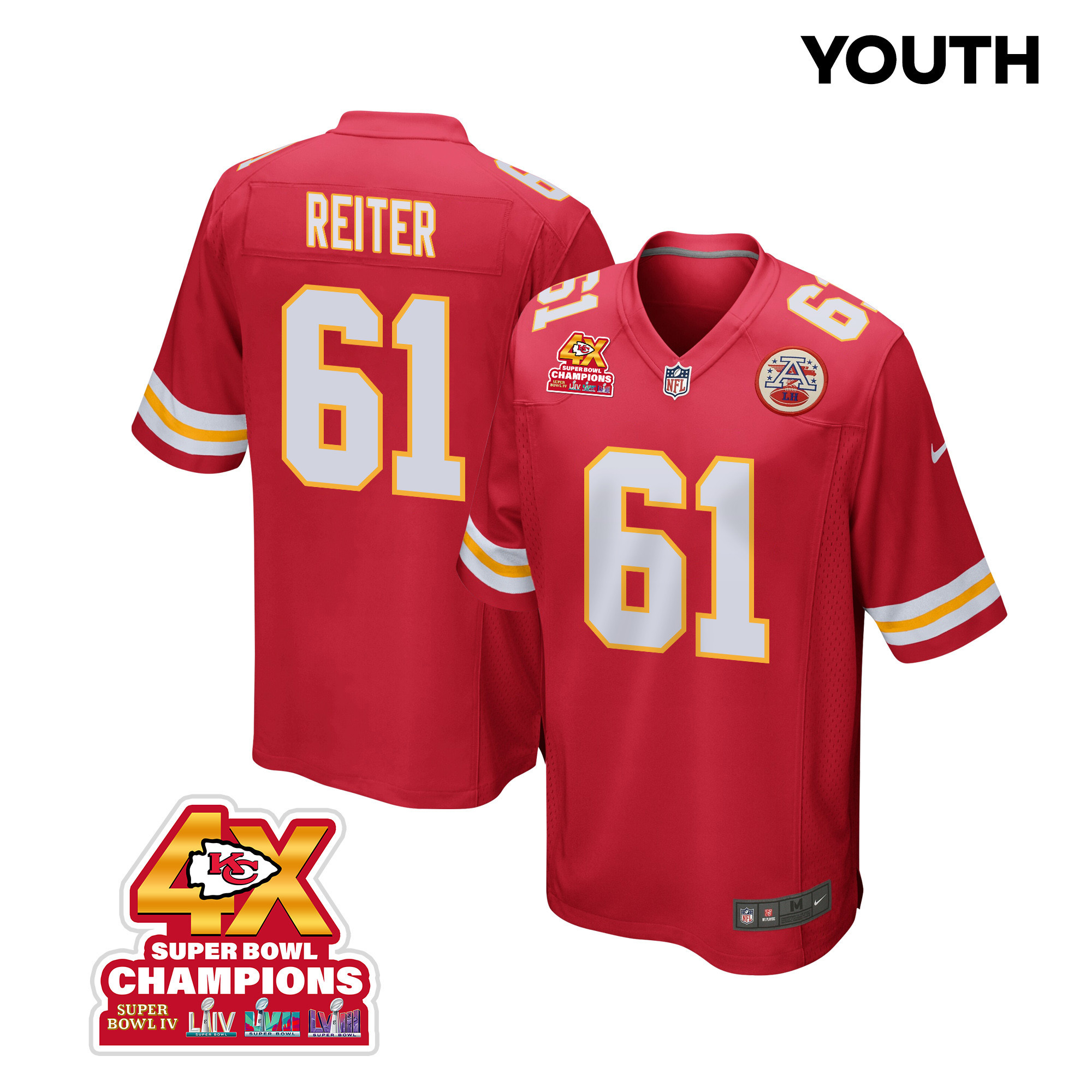 Austin Reiter 61 Kansas City Chiefs Super Bowl LVIII Champions 4X Game YOUTH Jersey - Red JS7245 Saliibo