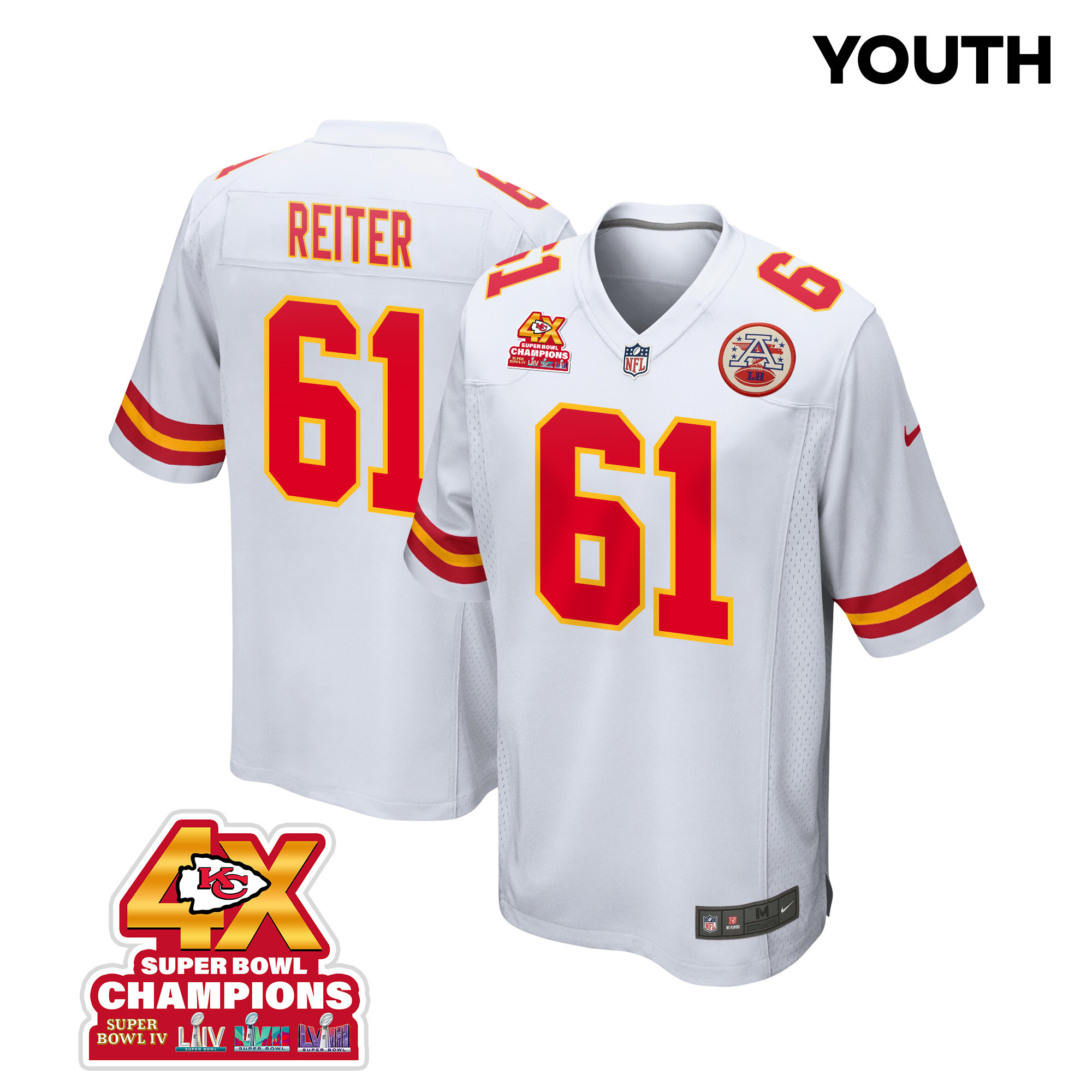 Austin Reiter 61 Kansas City Chiefs Super Bowl LVIII Champions 4X Game YOUTH Jersey - White JS9157 Saliibo