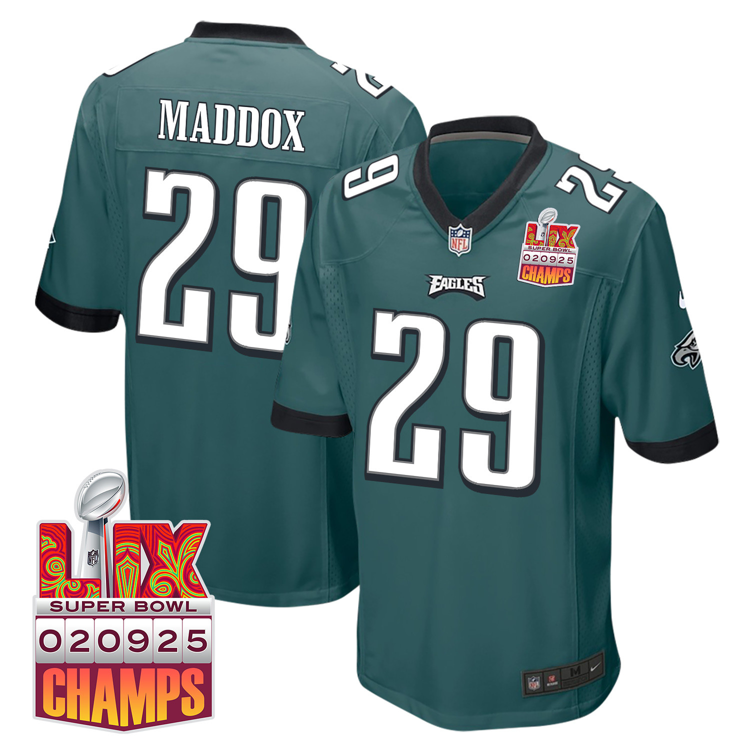 Avonte Maddox 29 Philadelphia Eagles Super Bowl LIX Champions Patch Game Men Jersey - Midnight Green JS7306 Saliibo
