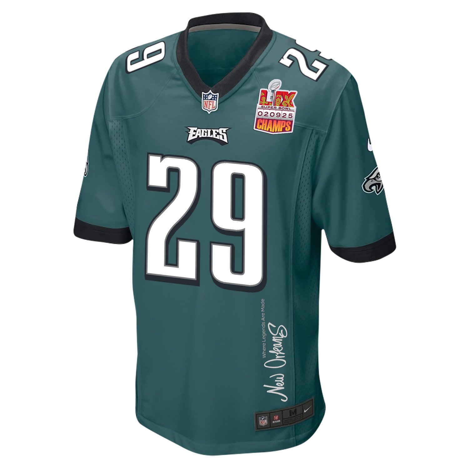 Avonte Maddox 29 Philadelphia Eagles Super Bowl LIX Champions Patch 'New Orleans - Where Legends Are Made' EMBROIDERED Game Men Jersey - Midnight Green JS4206 Saliibo - Image 3