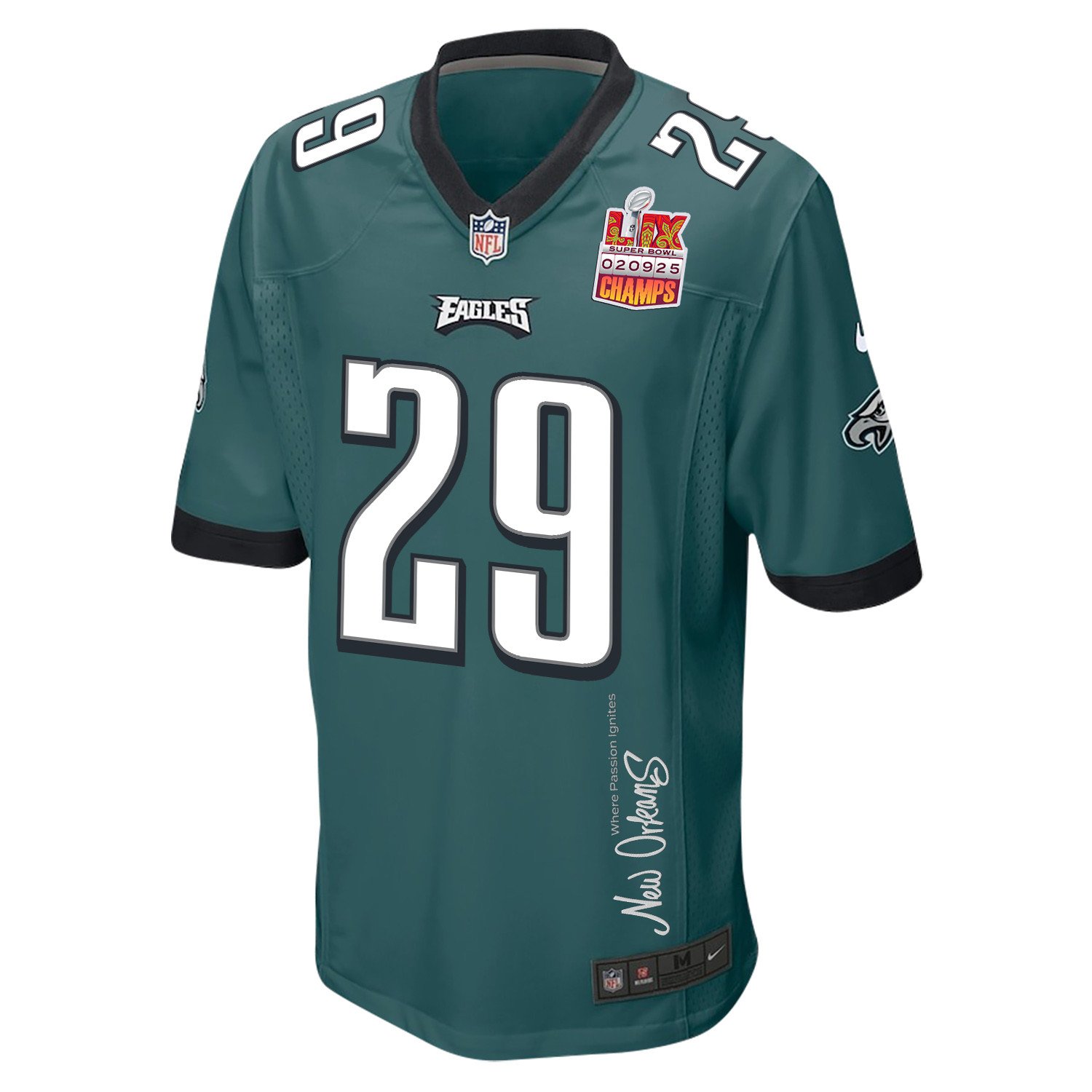 Avonte Maddox 29 Philadelphia Eagles Super Bowl LIX Champions Patch 'New Orleans - Where Passion Ignites' EMBROIDERED Game Men Jersey - Midnight Green JS5667 Saliibo - Image 3