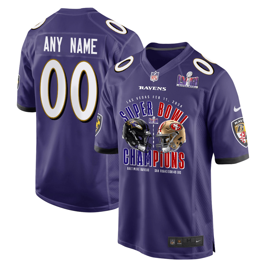 Baltimore Ravens vs. San Francisco 49ers Super Bowl LVIII Matchup Game Custom Men Jersey - Purple JS7028 Saliibo