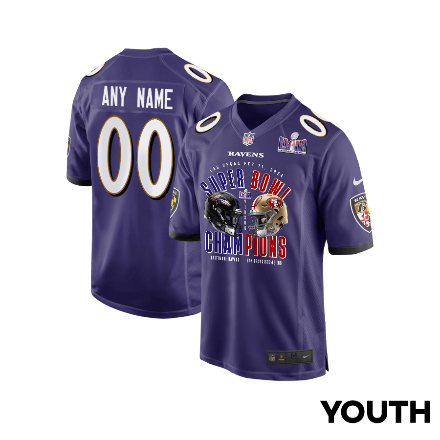 Baltimore Ravens vs. San Francisco 49ers Super Bowl LVIII Matchup Game Custom YOUTH Jersey - Purple JS7319 Saliibo