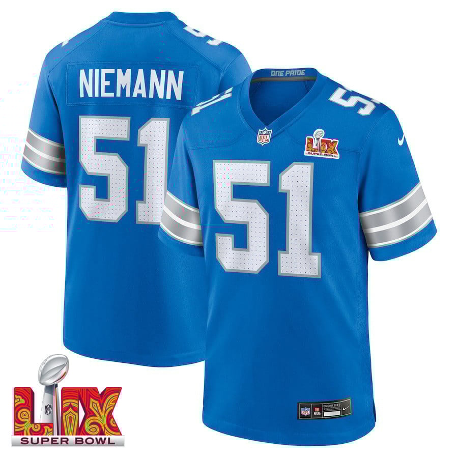 Ben Niemann #51 Detroit Lions Super Bowl LIX Jersey - Men's - Blue JS5808 Saliibo